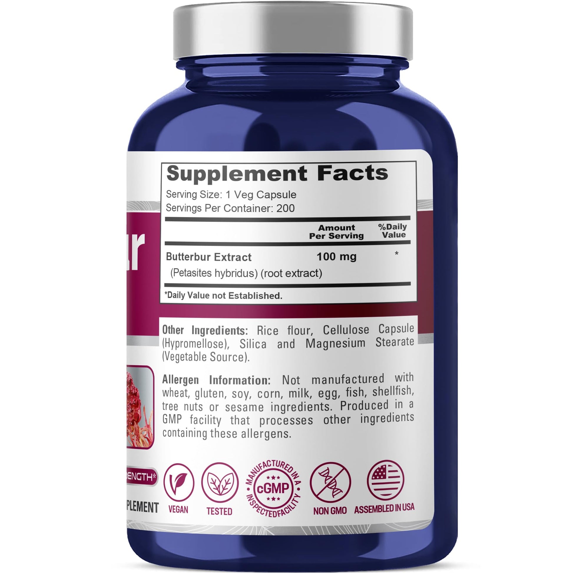 NusaPure Butterbur Extract 100mg per caps 200 Veggie Capsules (Non-GMO, Vegetarian, Vegan) NusaPureAu supplements
