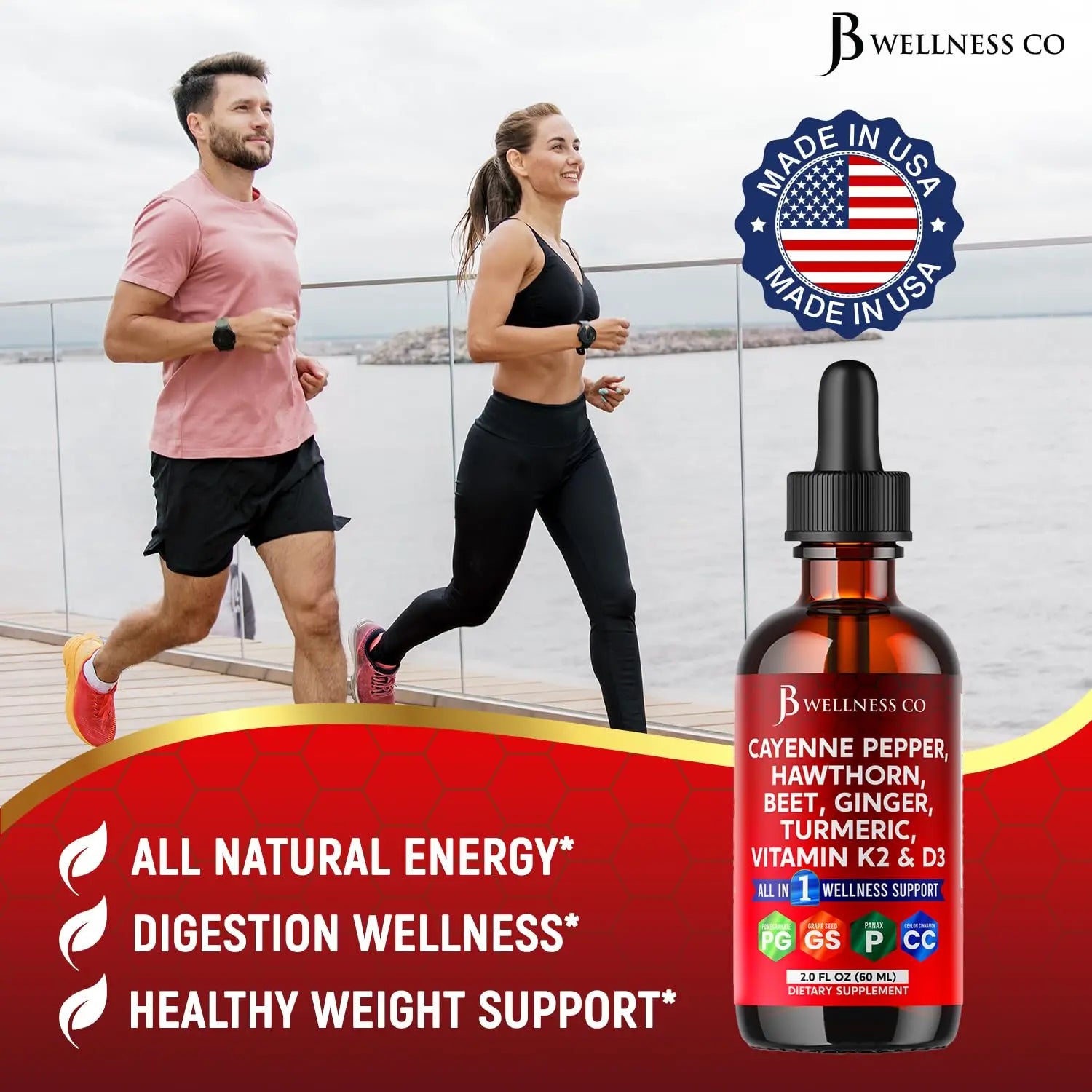 Cayenne Pepper Supplement Liquid Drops + Hawthorn Berry, Vitamin D3 K2 Beet Root Powder, Ceylon Cinnamon, Turmeric Curcumin, Organic Panax Ginseng - 4oz JB Wellness Conz supplements