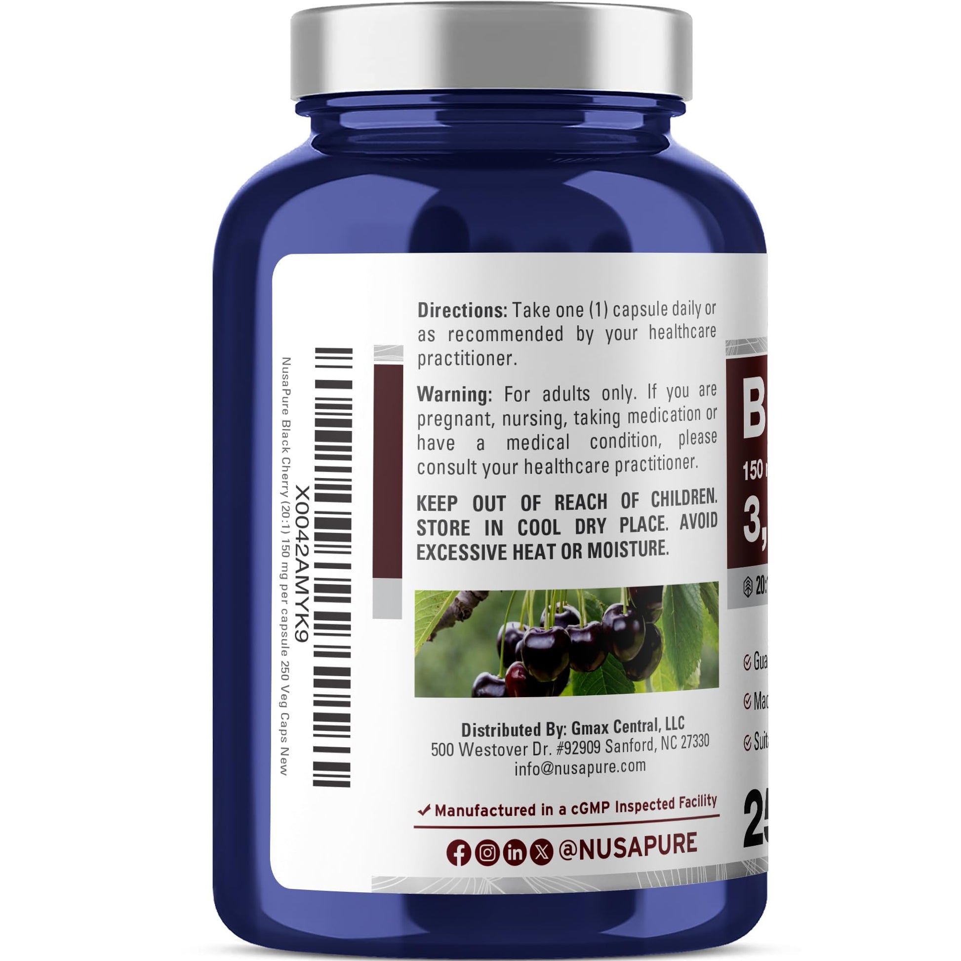 NusaPure Black Cherry Extract 20:1 - Suitable for Vegetarian/Vegan, Non - GMO - 3,000mg 250 Capsules NusaPureAu supplements