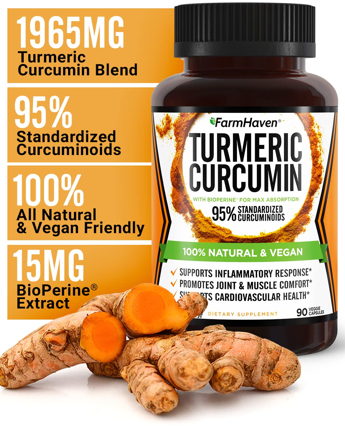 Turmeric Curcumin with BioPerine Black Pepper & 95% Curcuminoids, 1965mg, Maximum Absorption for Joint Support, Non-GMO Turmeric Capsules, FarmHavenUS supplements