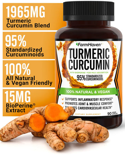 Turmeric Curcumin with BioPerine Black Pepper & 95% Curcuminoids, 1965mg, Maximum Absorption for Joint Support, Non-GMO Turmeric Capsules, FarmHavenUS supplements