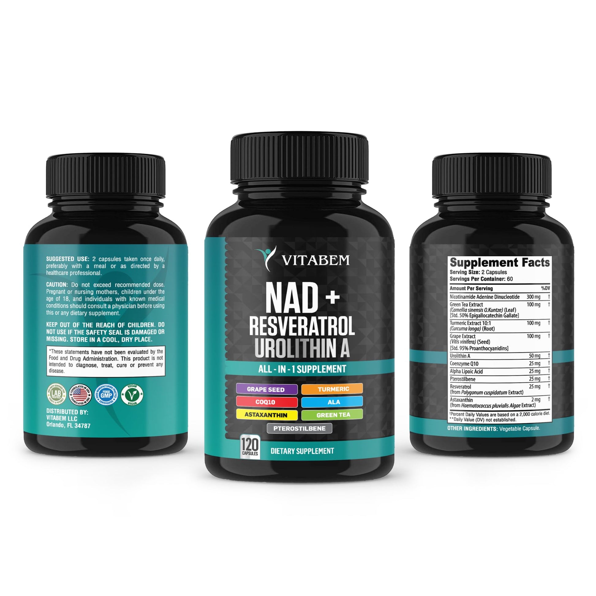 NAD+ Supplement Complex – NAD Supplement+ 300 mg with Astaxanthin, Urolithin A, Resveratrol, CoQ10 & Antioxidant Blend – Cellular Energy, Mitochondrial Support – 120 Count (Pack of 1) VitabemAu supplements