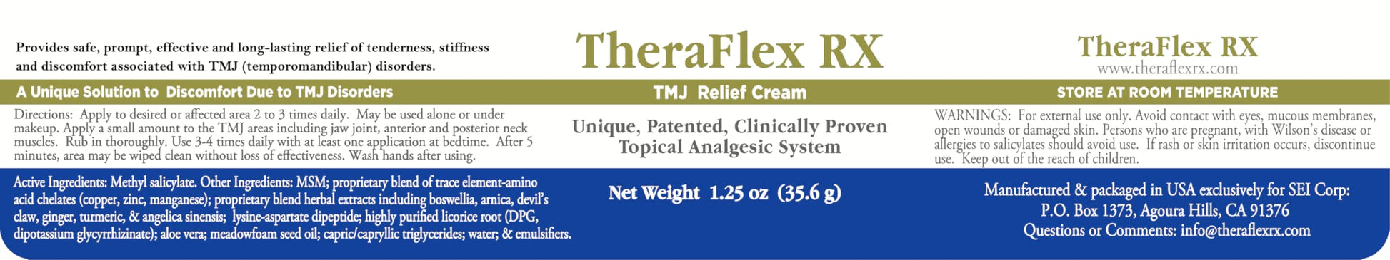 Theraflex RX® TMJ Cream (Doctor Formulated). This is a Patented Topical Cream which Provides Masseter Muscle and temporomandibular Joint Relief (TMJ) Theraflex RXAu supplements
