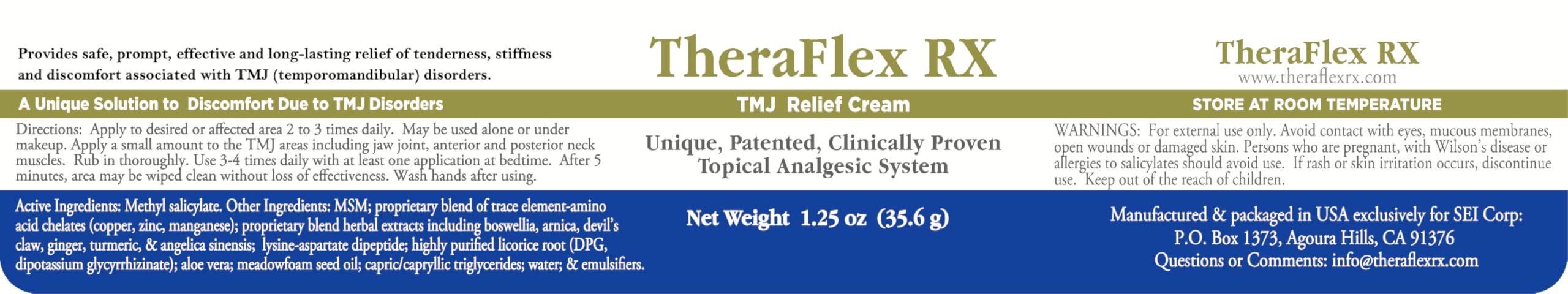 Theraflex RX® TMJ Cream (Doctor Formulated). This is a Patented Topical Cream which Provides Masseter Muscle and temporomandibular Joint Relief (TMJ) Theraflex RXAu supplements