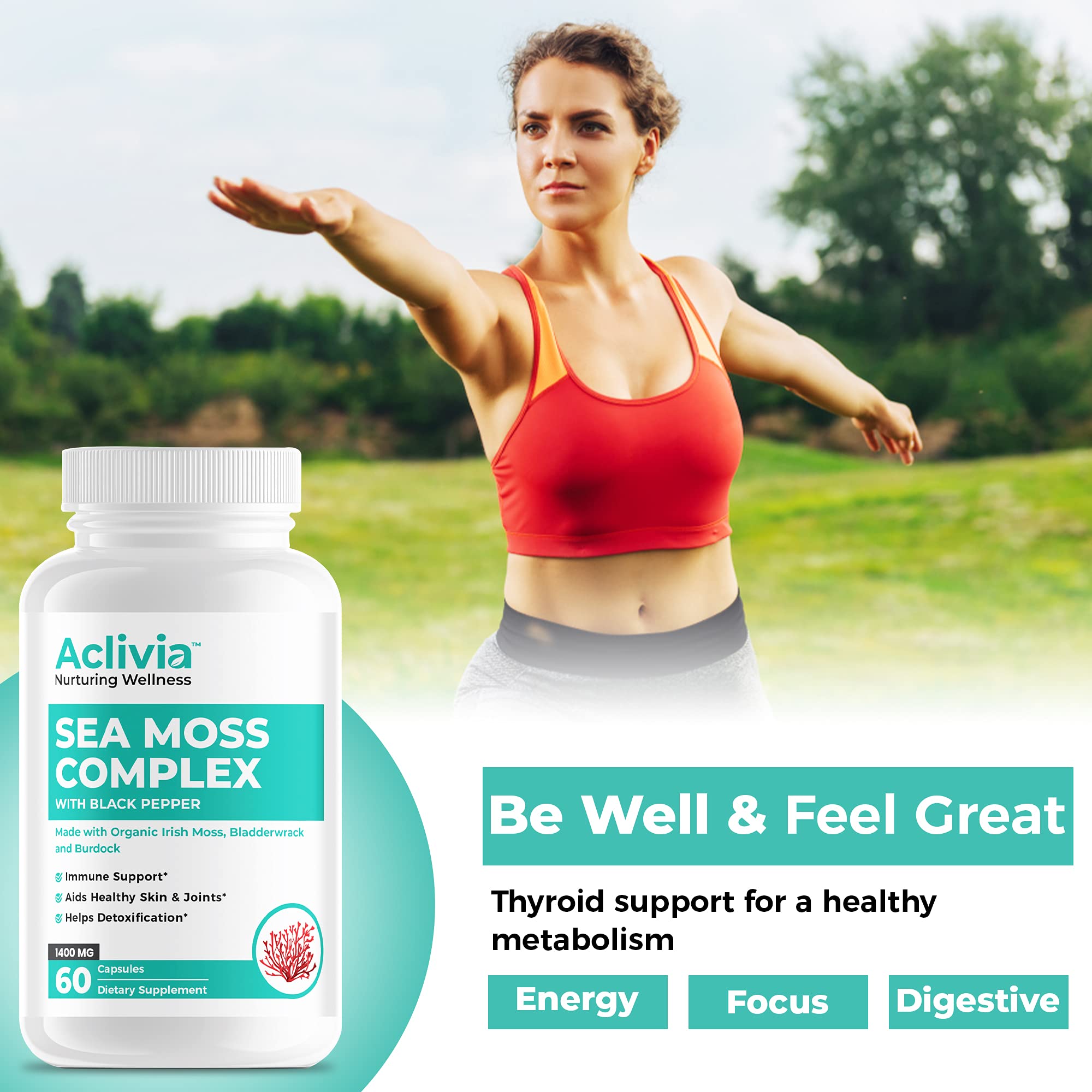 Aclivia - Organic Irish Sea Moss Capsules with Bladderwrack & Burdock Root - 102 Minerals Sea Moss Supplement - Thyroid Support, Immune Boost - Non-GMO (60 Count) AcliviaAu supplements