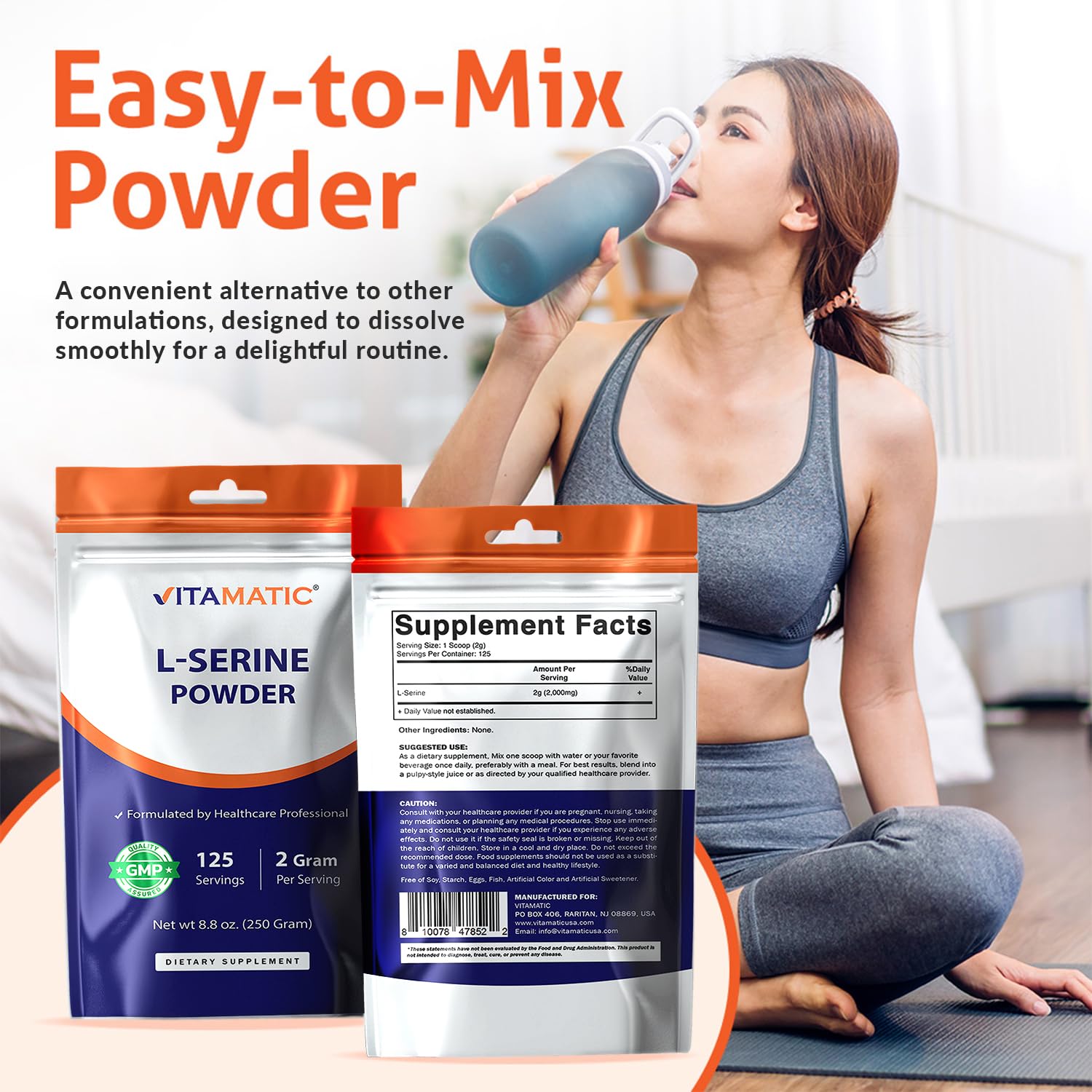 Vitamatic L-Serine Pure Powder 250 Gram | 2000 mg per Serving | 125 Servings | Unflavored | No Additives | Free of Soy, Eggs, Fish & Artificial Ingredients VitamaticAu supplements