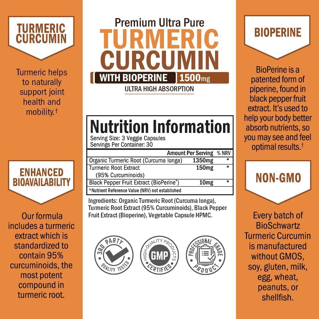 Turmeric Curcumin with Black Pepper Extract 1500mg - High Absorption BioSchwartzUS supplements