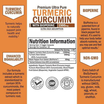 Turmeric Curcumin with Black Pepper Extract 1500mg - High Absorption BioSchwartzUS supplements