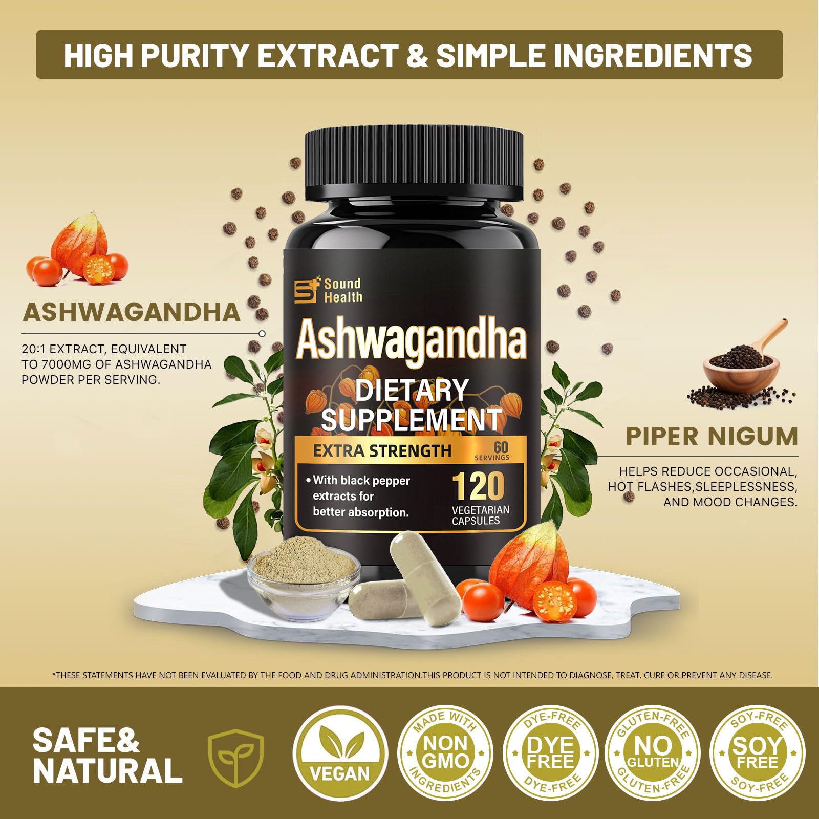 7000mg Ashwagandha Supplements Powder (20:1 Root Extract), 120 Organic Ashwagandha Capsules for Women & Men, Black Pepper & BioPerine for Absorption, Non GMO, Third-Party Tested, Gluten Free SoundHealthAu supplements