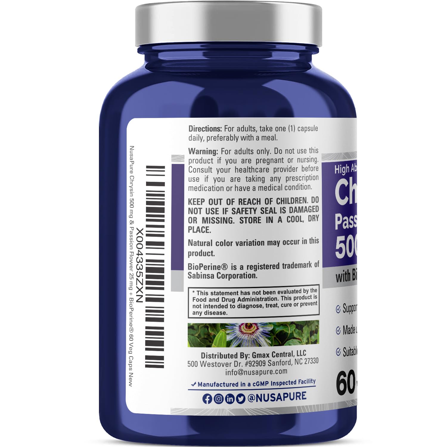 NusaPure Chrysin 500mg, 60 Veggie Capsules | Passion Flower Complex 500mg Supplement | 5, 7-Dihydroxyflavone | Concentrated Extract | Non-GMO, BioPerine & Vegan NusaPureAu supplements