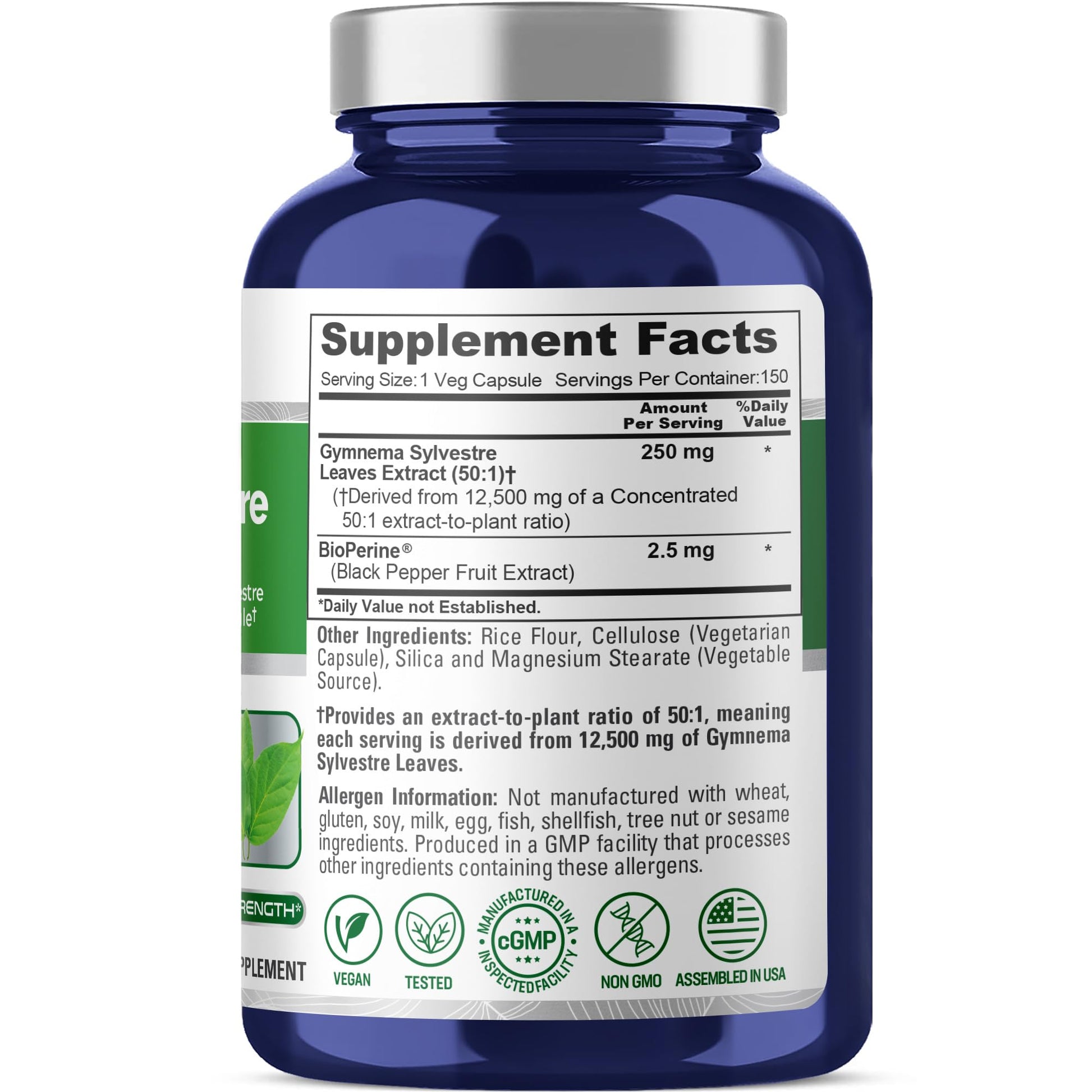 NusaPure Gymnema Sylvestre 50:1 Extract, 250 mg Equivalent to 12,500mg Per Vegan Caps - 150 Count (Non-GMO, Vegan, Bioperine) NusaPureAu supplements