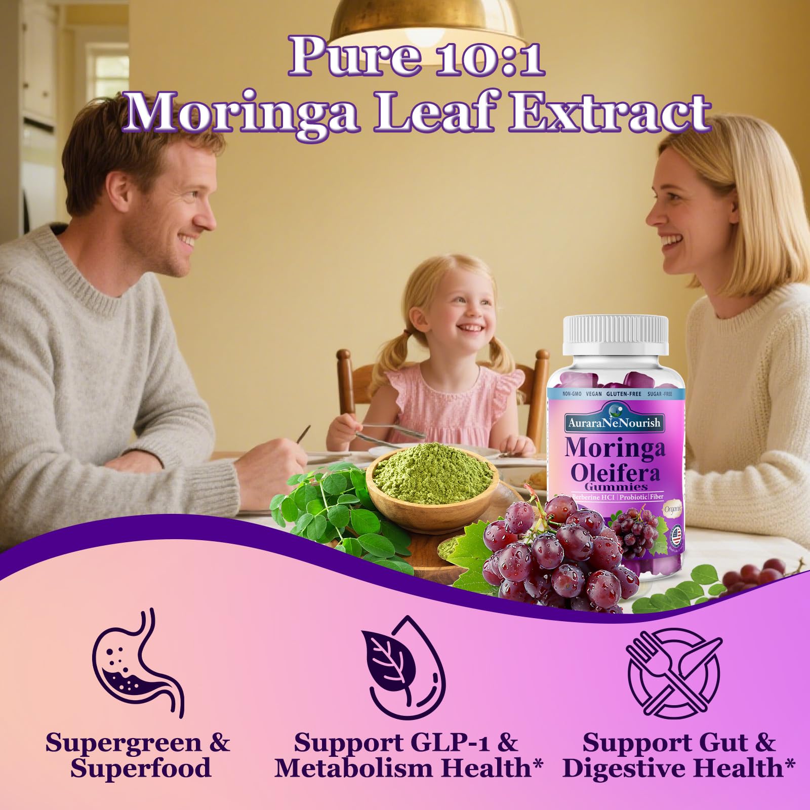 AuraraNeNourish Organic Moringa Oleifera Gummies for Women & Men, 8-in-1 Superfood Blend w. Berberine HCl & Moringa Leaf Extract for GLP-1 Support & Energy Immune Joint & Gut Health Sugar-Free AuraraNeNourishAu supplements