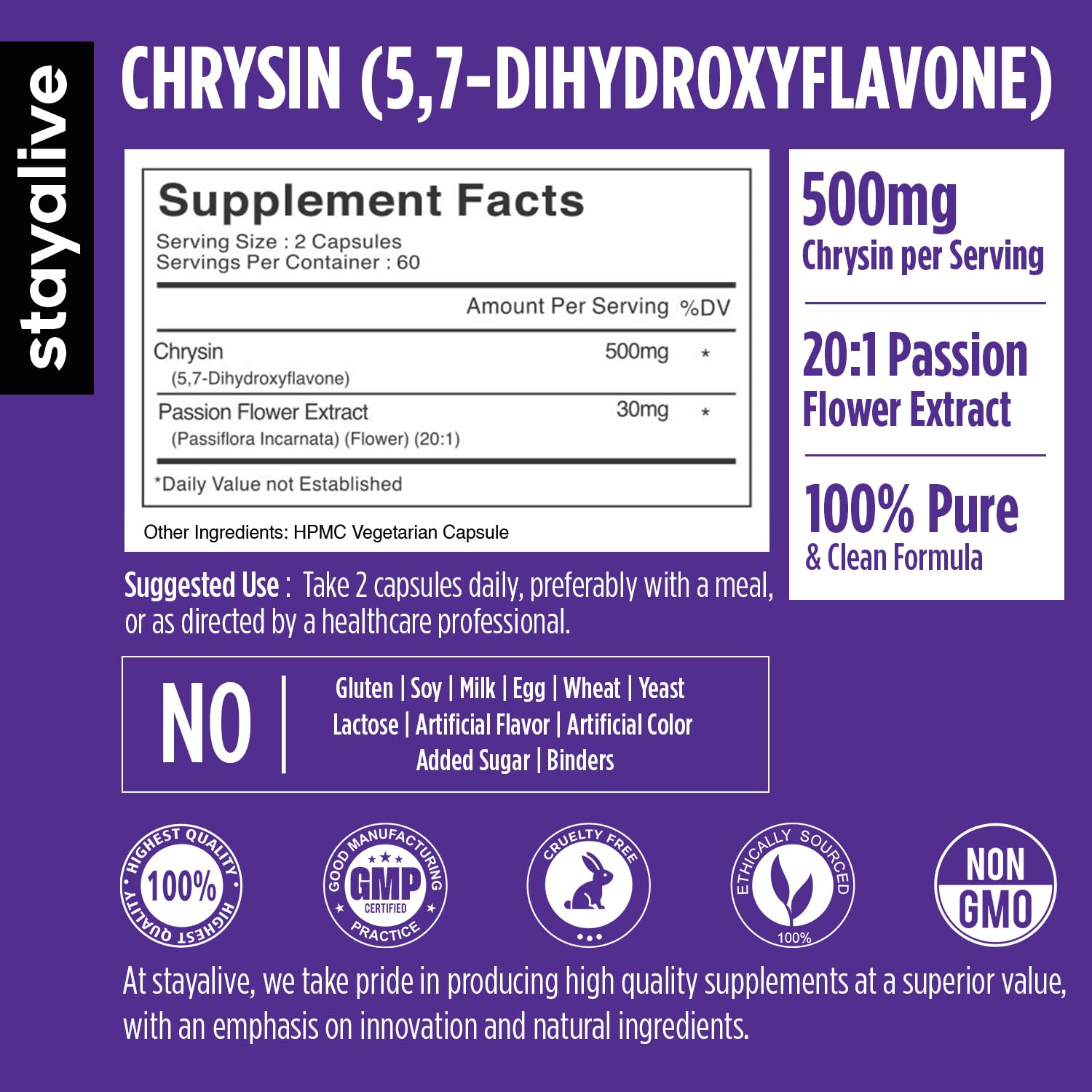 STAY ALIVE Chrysin Supplement 500mg & Passion Flower Extract Powder, 5,7-Dihydroxyflavone, Non-GMO and Gluten-Free Chrysin for Men and Women, 120 Capsules STAY ALIVEAu supplements