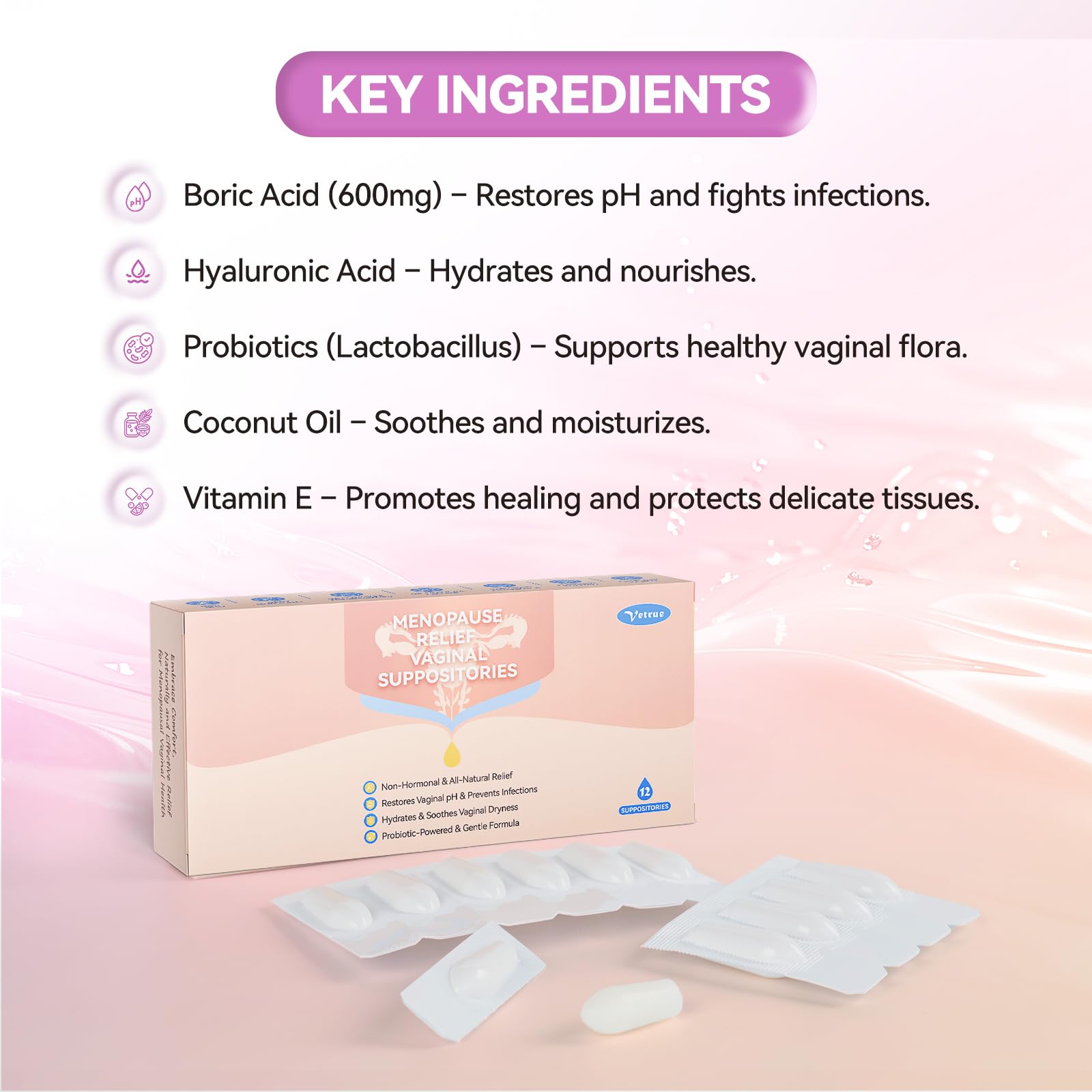 Vetrue Menopause Relief Vaginal Suppositories, Non-Hormonal, All-Natural Formula with Boric Acid, Hyaluronic Acid, Probiotics, Coconut Oil & Vitamin E, Soothes Vaginal Dryness & Discomfort(12 Inserts) vetrueUS supplements