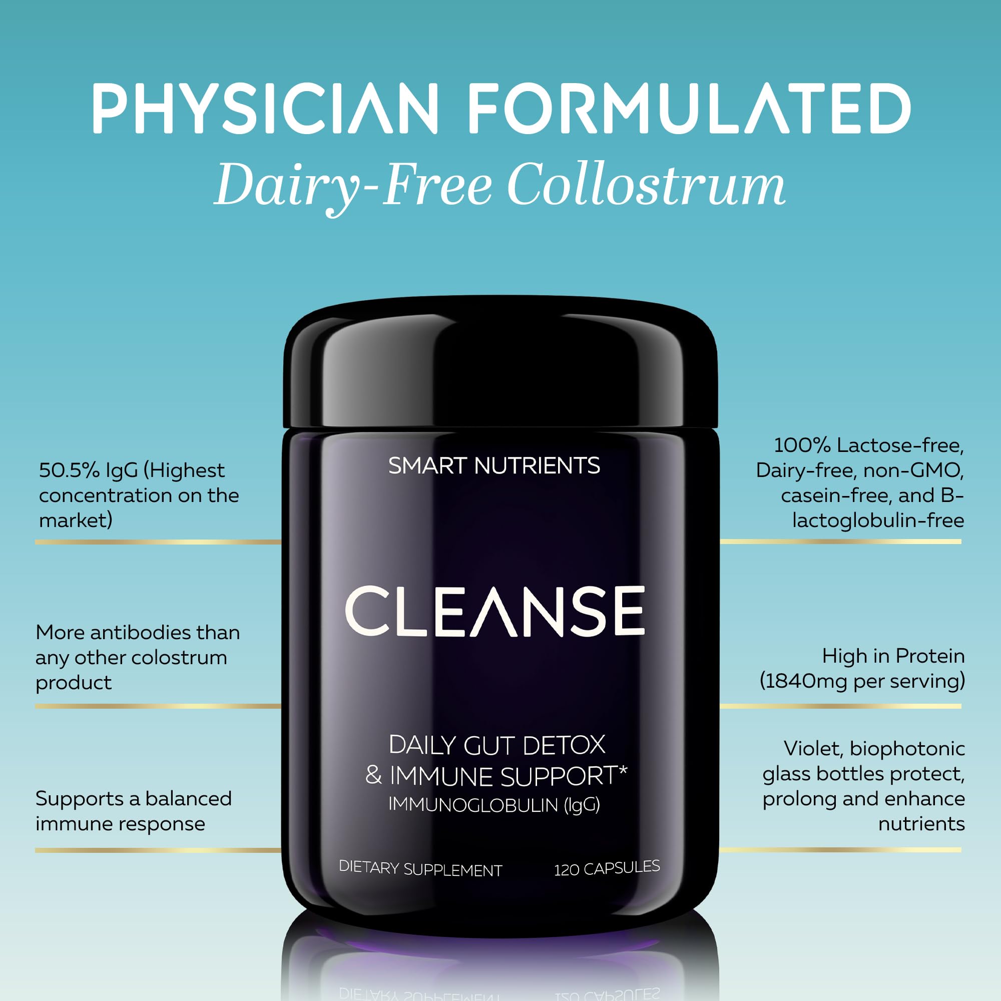 CLEANSE | IgG Dairy-Free Colostrum | 50.5% IgG Potent Concentrated Immune Support | Daily Gut Health Detox, Energy, Prebiotics, Digestive Support | 120 Capsules | 30 Day Supply, 1-Pack Smart NutrientsAu supplements