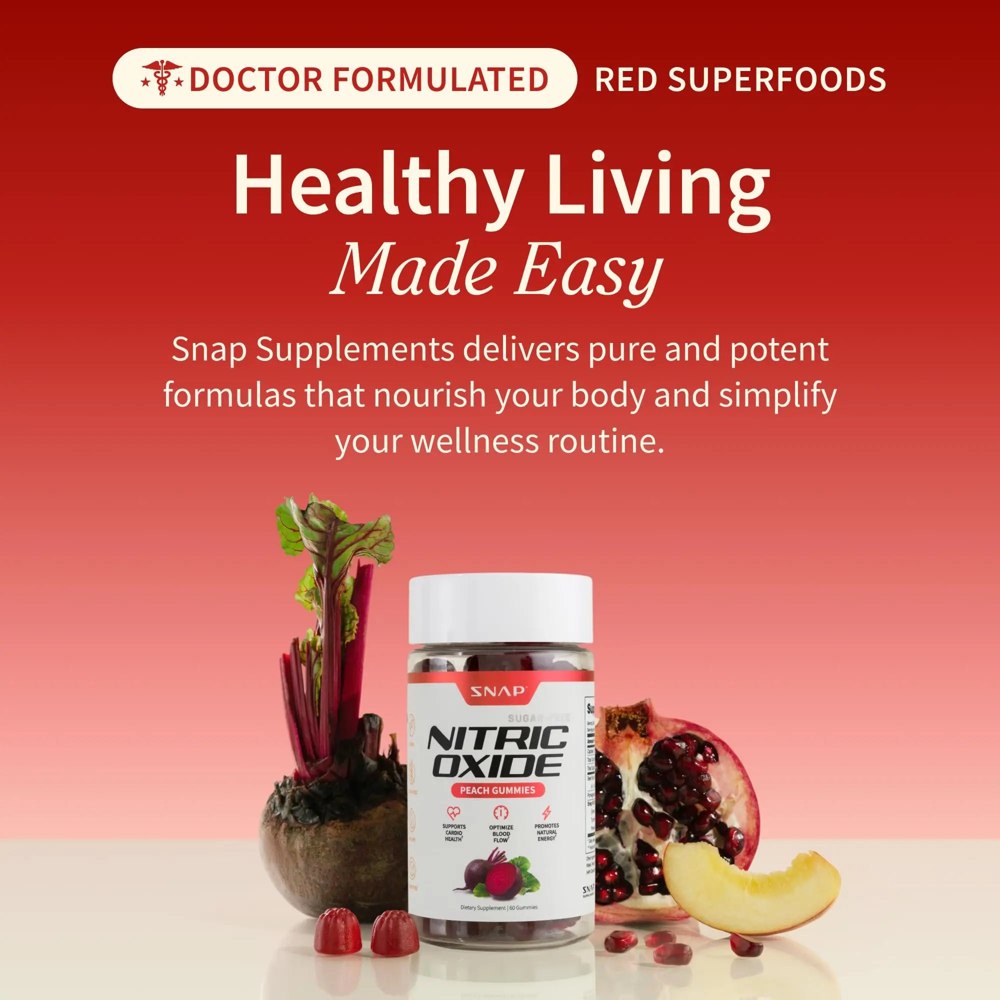 Snap Supplements Nitric Oxide Beet Root Gummies Supplement with Organic Beets - Energy & Circulation Support, 60 Sugar-Free Gummies (30 Servings, 1 Month Supply), Peach Snap Supplementsnz supplements