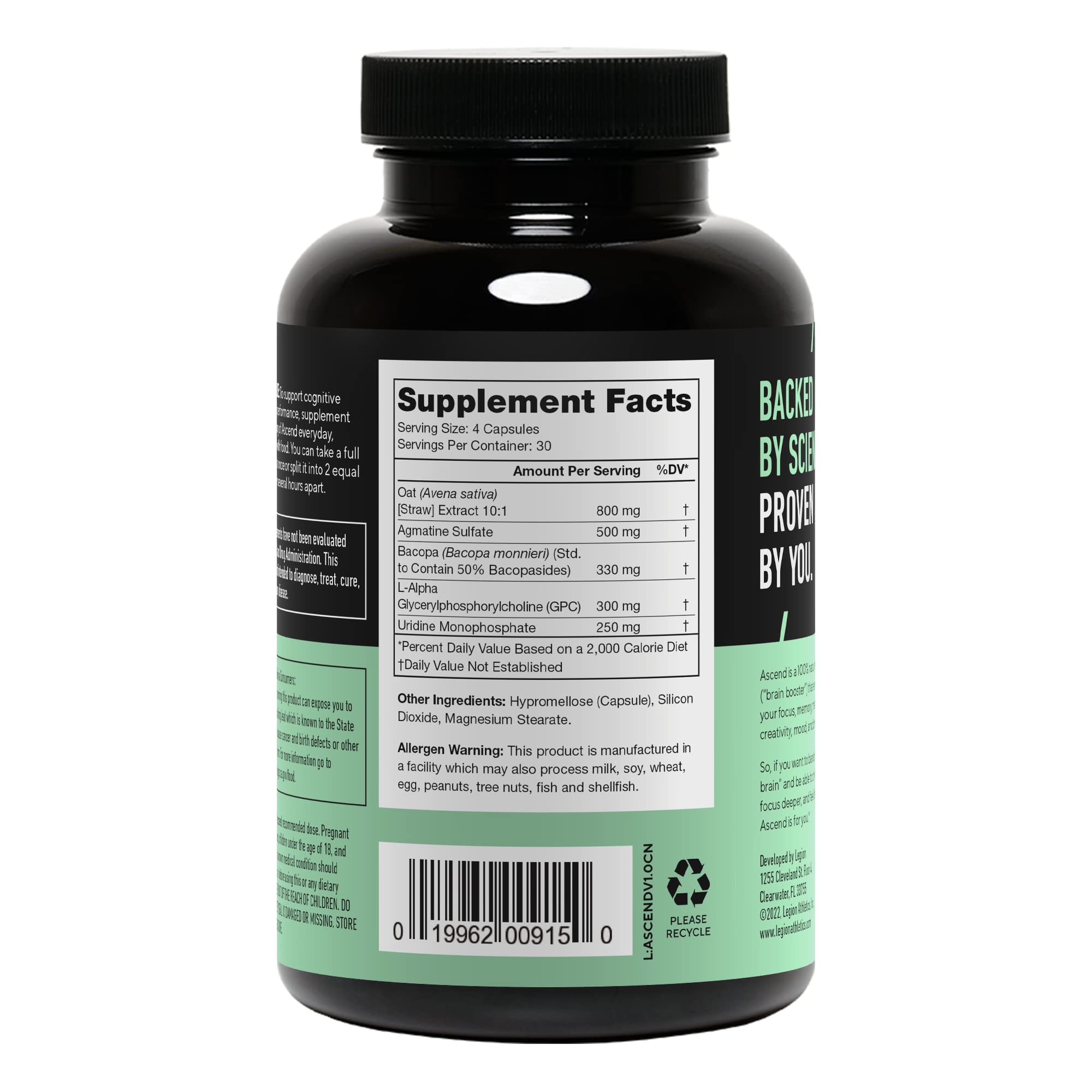 LEGION Athletics Ascend Nootropic - All-Natural Brain Supplements for Memory and Focus - Nootropics Brain Support Supplement with Alpha-GPC - Brain Supplement for Alertness & Mood Support, 30 Servings LEGIONAu supplements