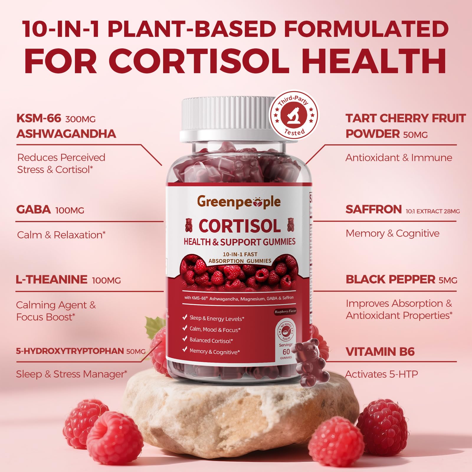 GREENPEOPLE Cortisol Supplements for Women & Men - Cortisol Reducer Detox Manager w/KSM-66 Ashwagandha/Magnesium/L-theanine/GABA/Vitamin B6 for Mood/Sleep/Stress Relief 60 CT Raspberry Flavor Gummies GREENPEOPLEAu supplements