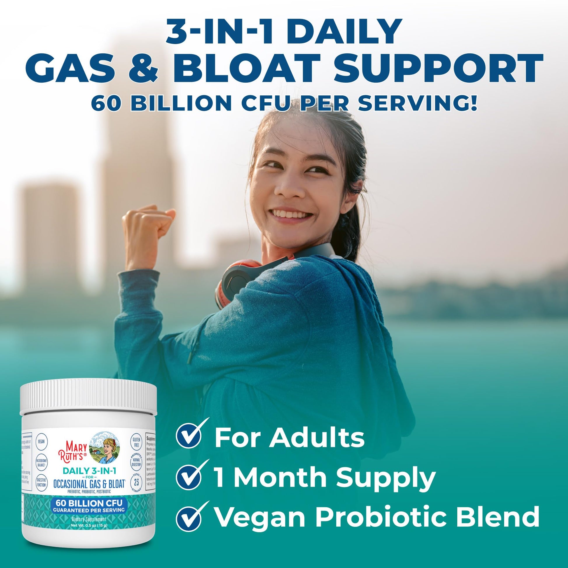 MARYRUTH'S 3-in-1 Gas & Bloat Probiotic Powder | Probiotics for Normal Digestive Function | Probiotics for Women & Men | Prebiotics & Postbiotics | 60 Billion CFU | 23 Unique Strains | 0.5 oz MARYRUTH'SAu supplements