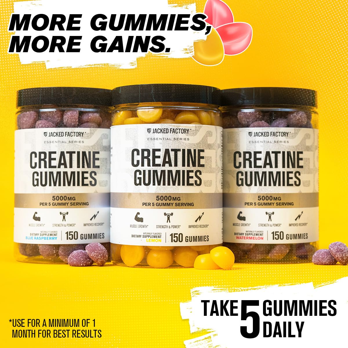 Jacked Factory Creatine Gummies 5g Daily Dose (1g per Gummy) - Creatine Gummy for Men and Women, Vegan-Friendly, Travel-Friendly, Third-Party Tested - 150 Gummies, Blue Raspberry Jacked FactoryAu supplements
