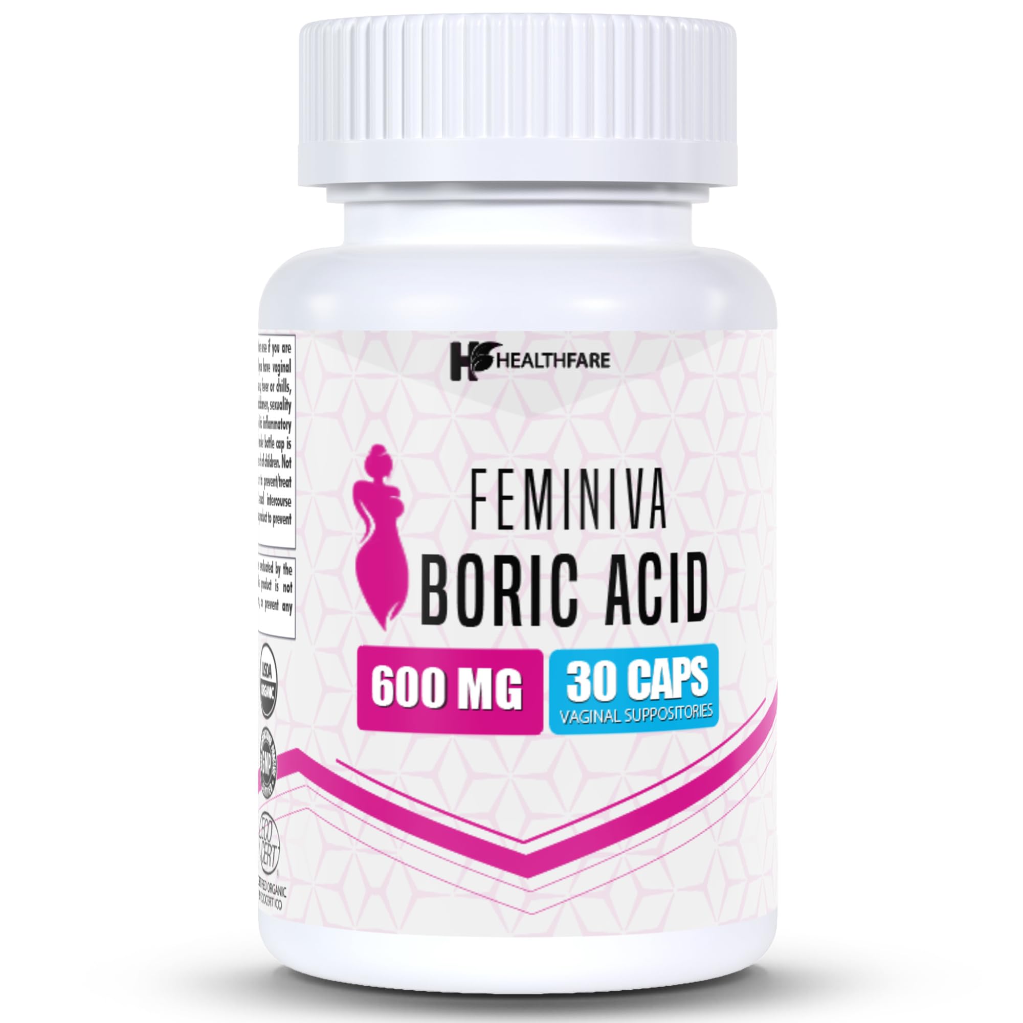 HealthFare Feminiva Boric Acid Vaginal Suppositories - 30 Count, 600mg, Intimate Health Support - 100% HealthfareAu supplements
