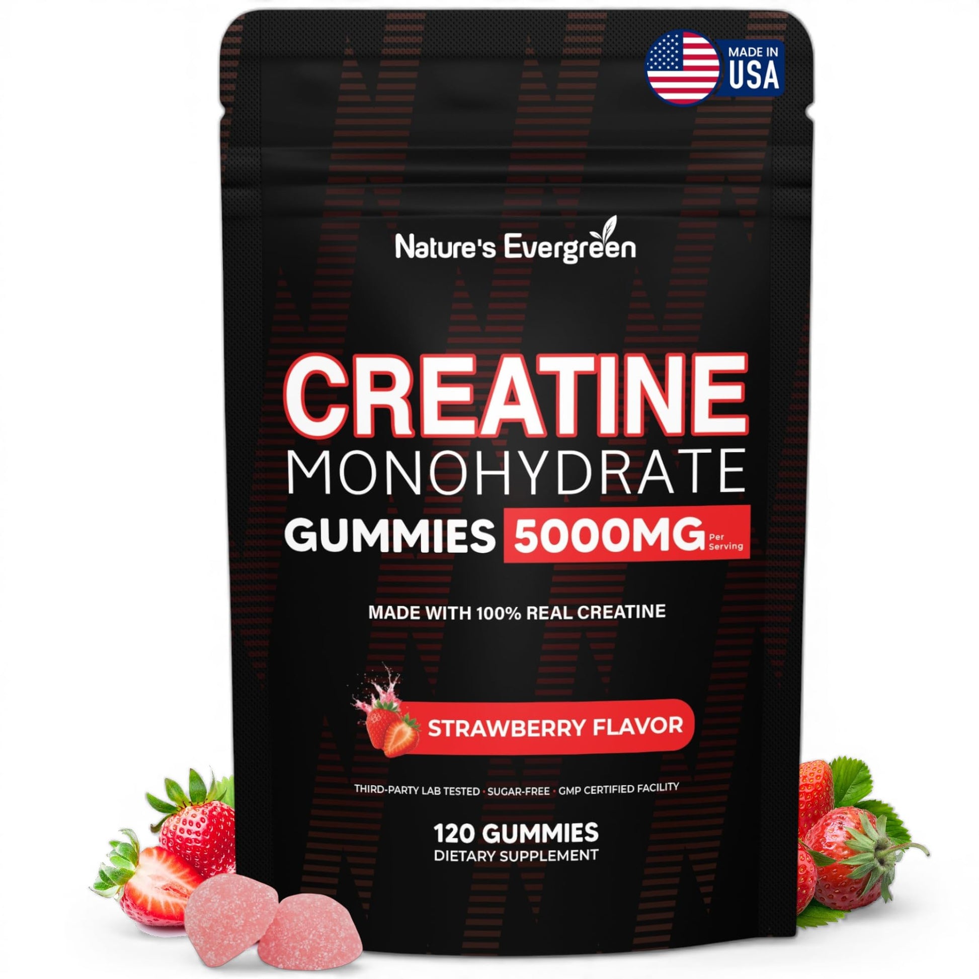 Creatine Monohydrate 5000mg Gummies, Pre-Workout 5g Creatine Gummy Supplement for Men & Women: Muscle Builder & Energy Boost, Sugar Free, Vegan, Strawberry Flavor, (120 Count) Made in USA Nature's EvergreenAu supplements
