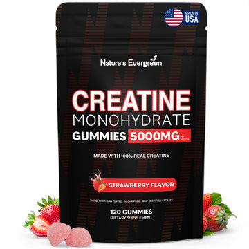 Creatine Monohydrate 5000mg Gummies, Pre-Workout 5g Creatine Gummy Supplement for Men & Women: Muscle Builder & Energy Boost, Sugar Free, Vegan, Strawberry Flavor, (120 Count) Made in USA Nature's EvergreenAu supplements
