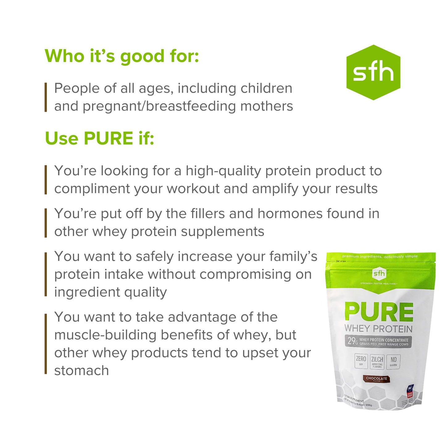 SFH Pure Whey Protein Powder (Chocolate) Best Tasting 100% Grass Fed Whey SFHUS supplements