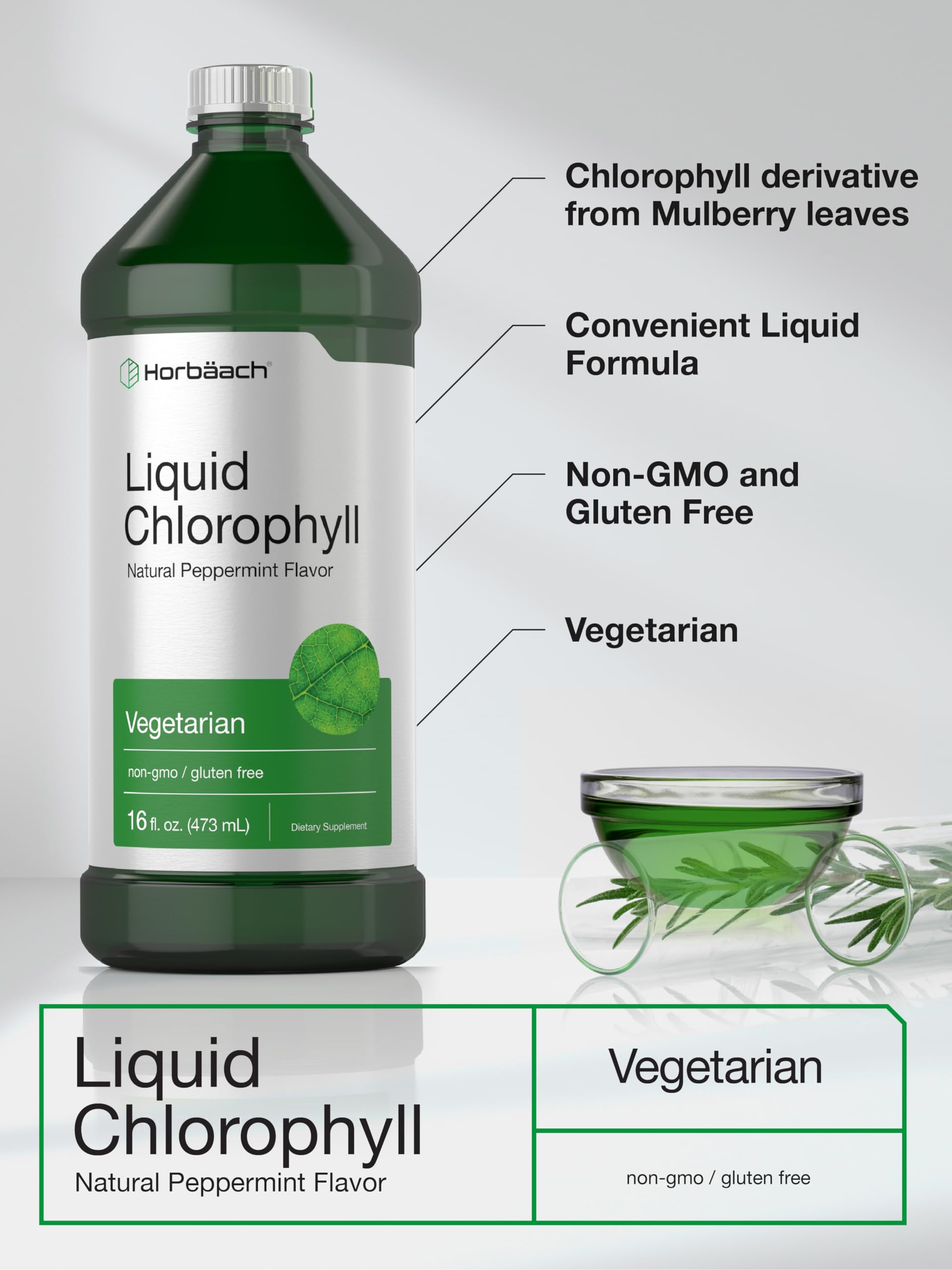 Chlorophyll Liquid Drops 100mg | 32 oz (2 x 16 oz Bottles) | Natural Peppermint Flavor HorbäachAu supplements