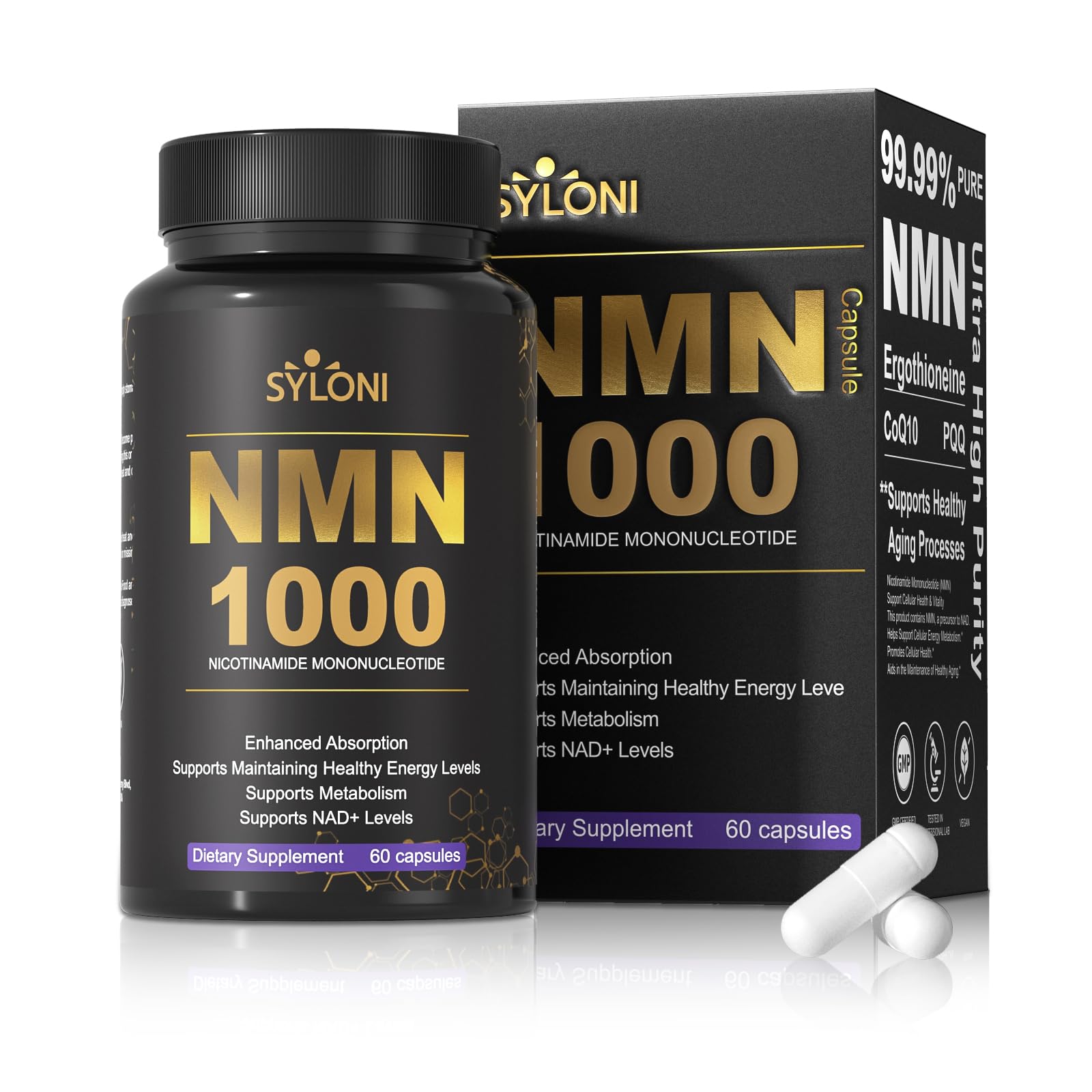 Syloni NMN Supplement 1000mg, 99% Pure NMN 4-in-1 NAD+ Booster with PQQ, CoQ10, L-Ergothioneine, 60 Capsules Nicotinamide Mononucleotide - Anti-Aging, Energy Boost, DNA Repair for Adults, Vegan SyloniAu supplements