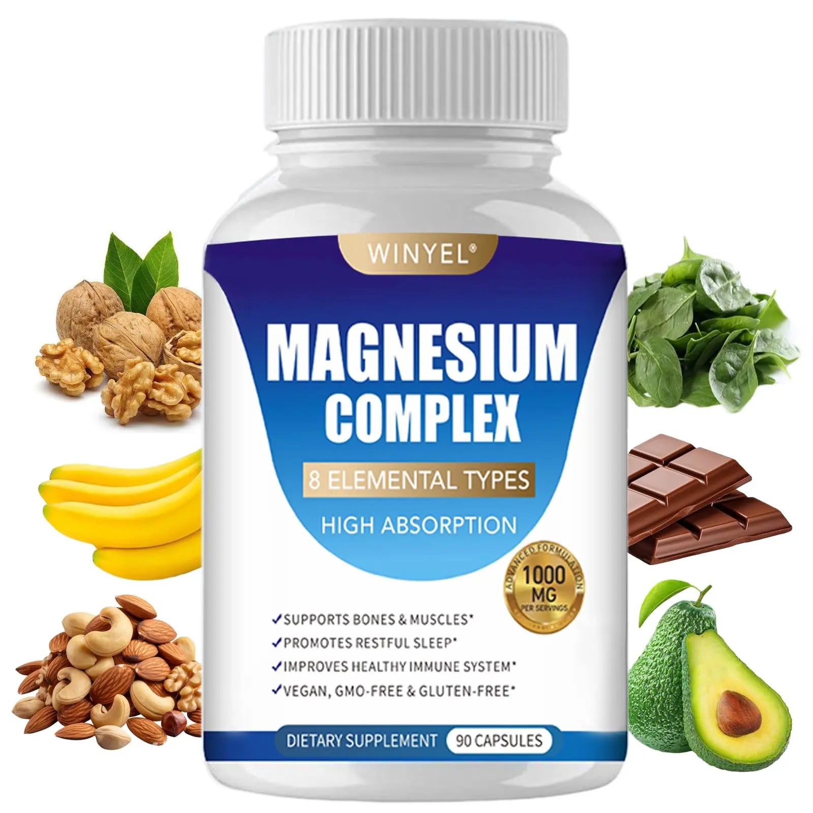Magnesium Complex Supplement 8 Elemental 1000mg | Magnesium Supplement with Glycinate, Malate, Citrate | Sleep, Relaxation, Bone & Muscle | Vegan 90 Capsules WINYELAu supplements