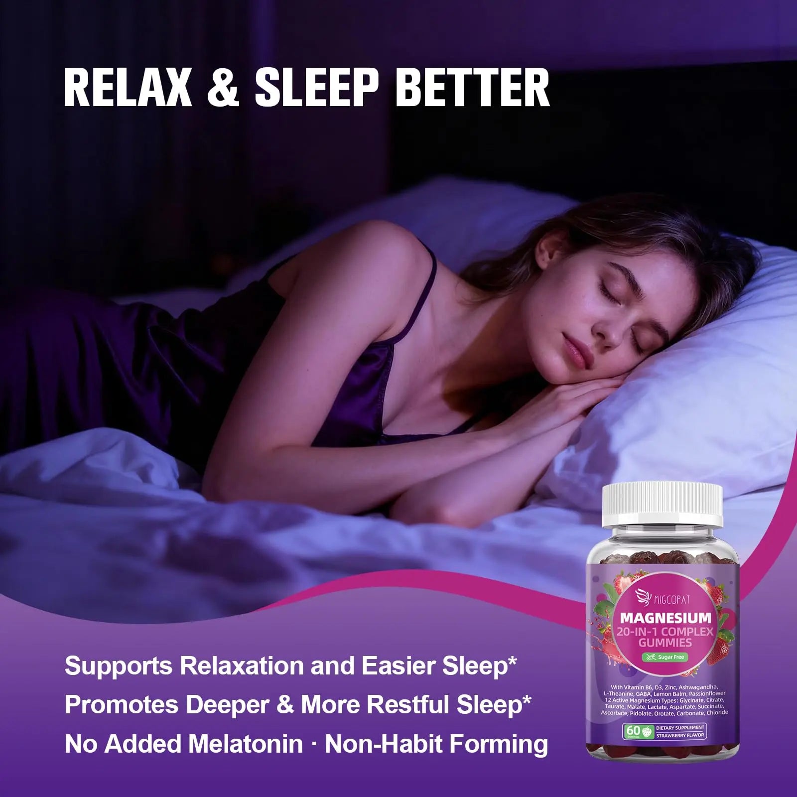 Migcopat Magnesium Complex Gummies, 20 in 1 Magnesium Gummy with Glycinate Citrate Malate Taurate - Ashwagandha, L-Theanine, D3&Zinc for Relaxation, Sleep, Muscle&Heart Support, Strawberry, 60 Cts Migcopatnz supplements