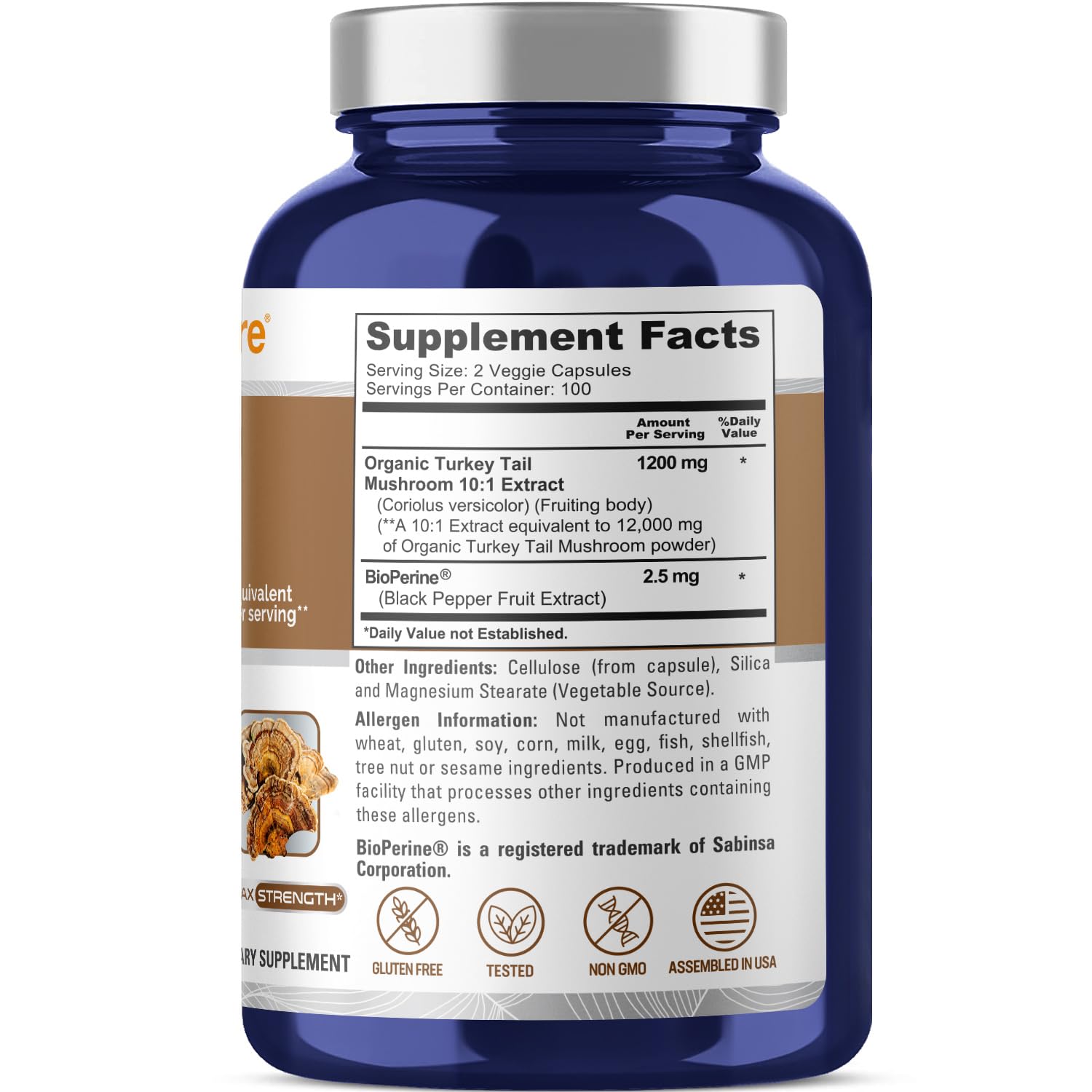 NusaPure Turkey Tail Mushroom Capsules, 10:1 Extract, 1200 mg Equivalent to 12,000mg, 200 Vcaps, Non-GMO, Gluten Free, Bioperine NusaPureAu supplements