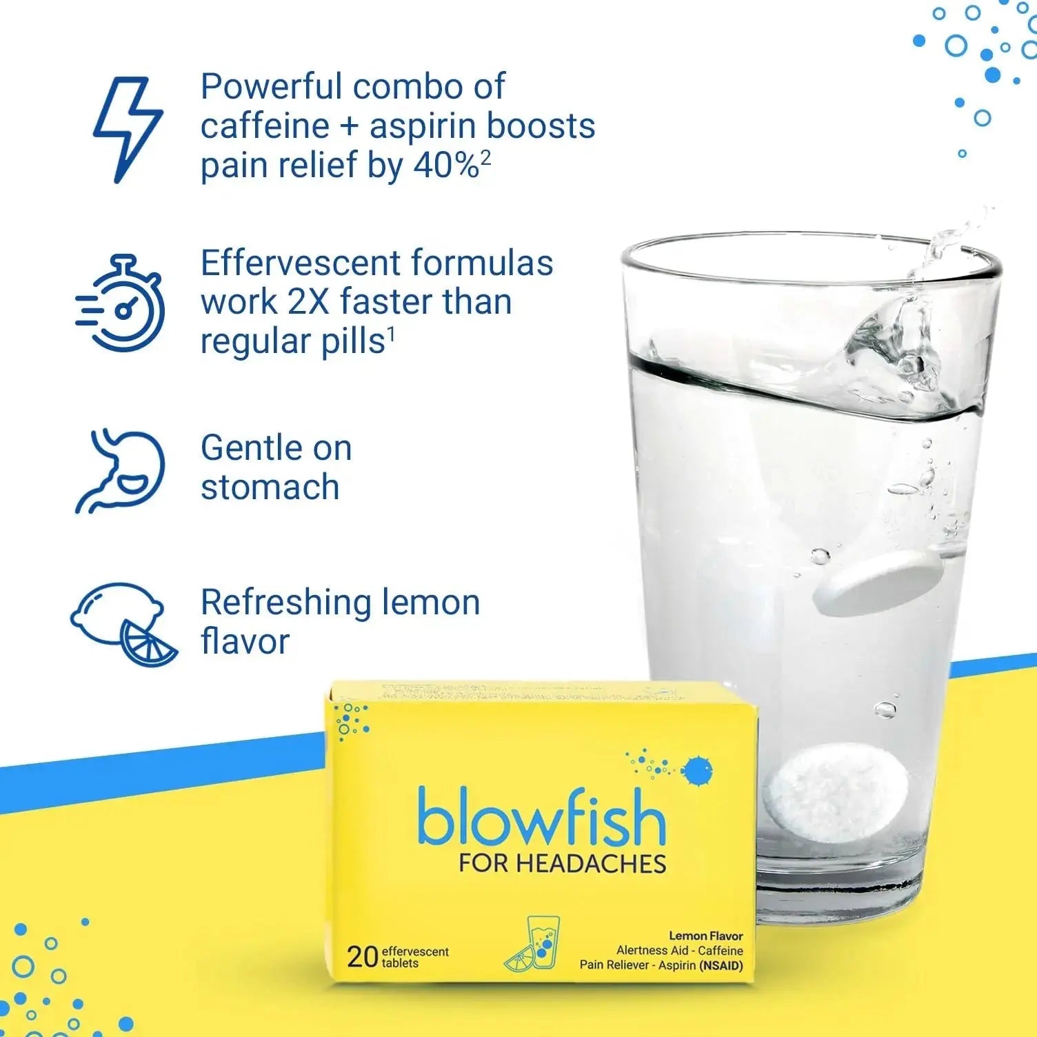 Blowfish for Headaches | Maximum Strength Effervescent Pain Relief Tablets – Treats Headaches Fast, 2X Faster Than Pills – Lemon Flavor (2 Pack) BlowfishAu supplements