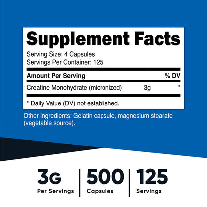 Nutricost Creatine Monohydrate 3000mg (750mg Per Cap), 500 Capsules (3 Bottles) NutricostUS supplements