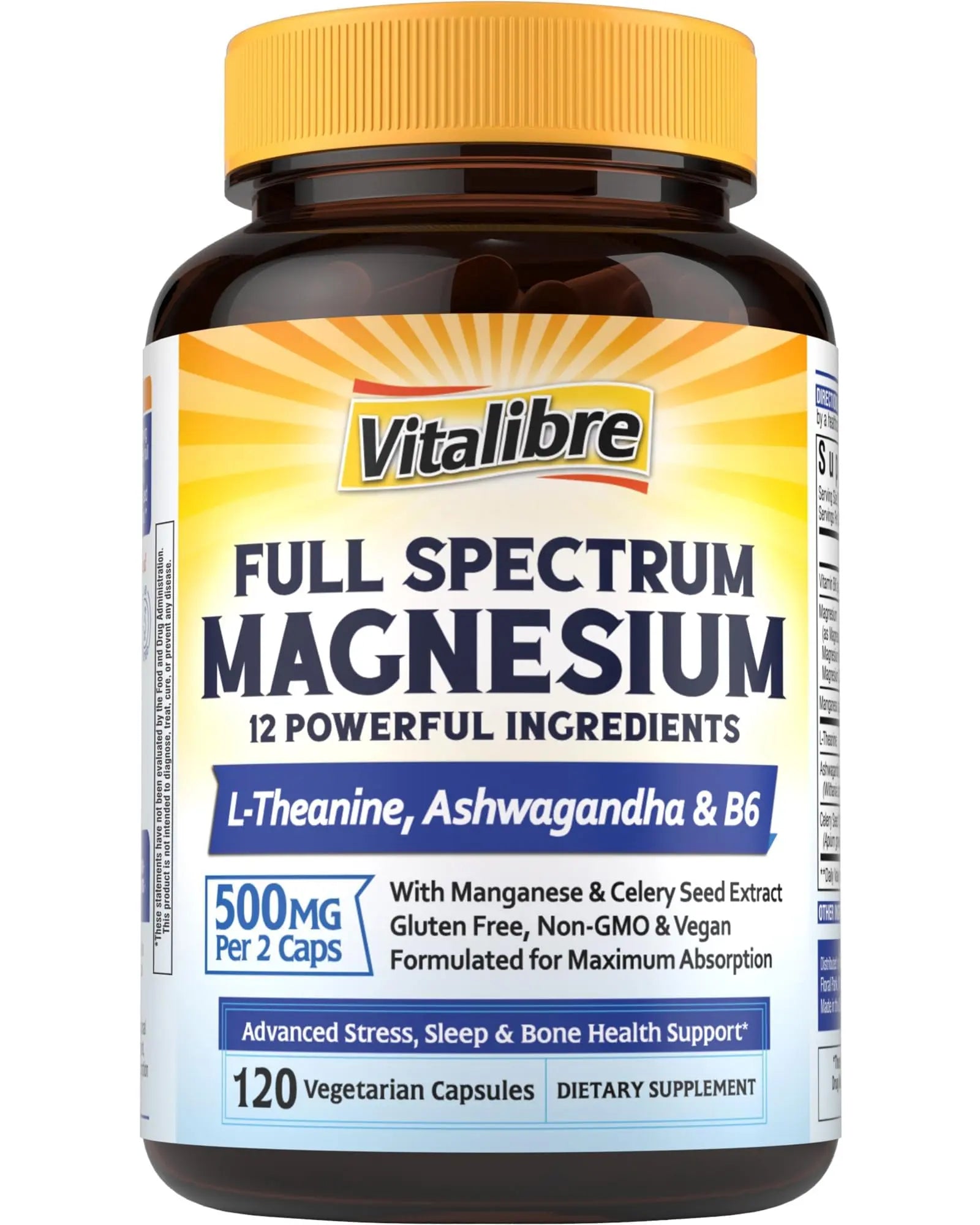 Vitalibre Magnesium Complex Supplement 500mg + Ashwagandha, L-Theanine, Vitamin B6 & Celery, High Absorption Magnesium Glycinate, Citrate, Malate, Sleep & Bone Support, 120 Vegan Capsules VitalibreAu supplements