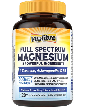 Vitalibre Magnesium Complex Supplement 500mg + Ashwagandha, L-Theanine, Vitamin B6 & Celery, High Absorption Magnesium Glycinate, Citrate, Malate, Sleep & Bone Support, 120 Vegan Capsules VitalibreAu supplements