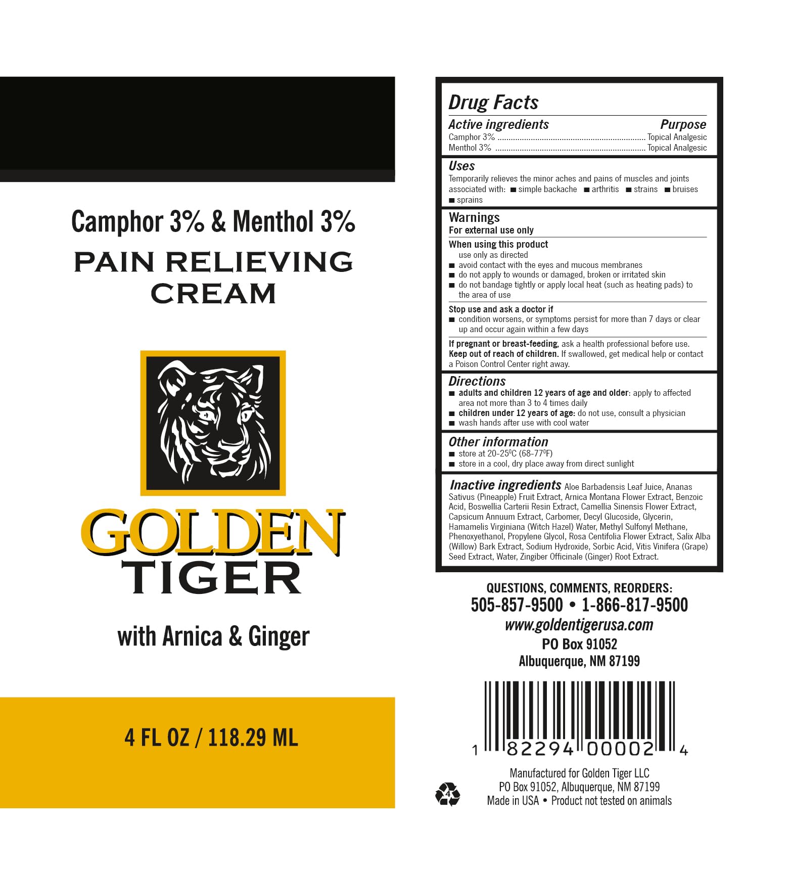 Golden Tiger Pain Relief Cream - 4 oz Tube Golden TigerAu supplements
