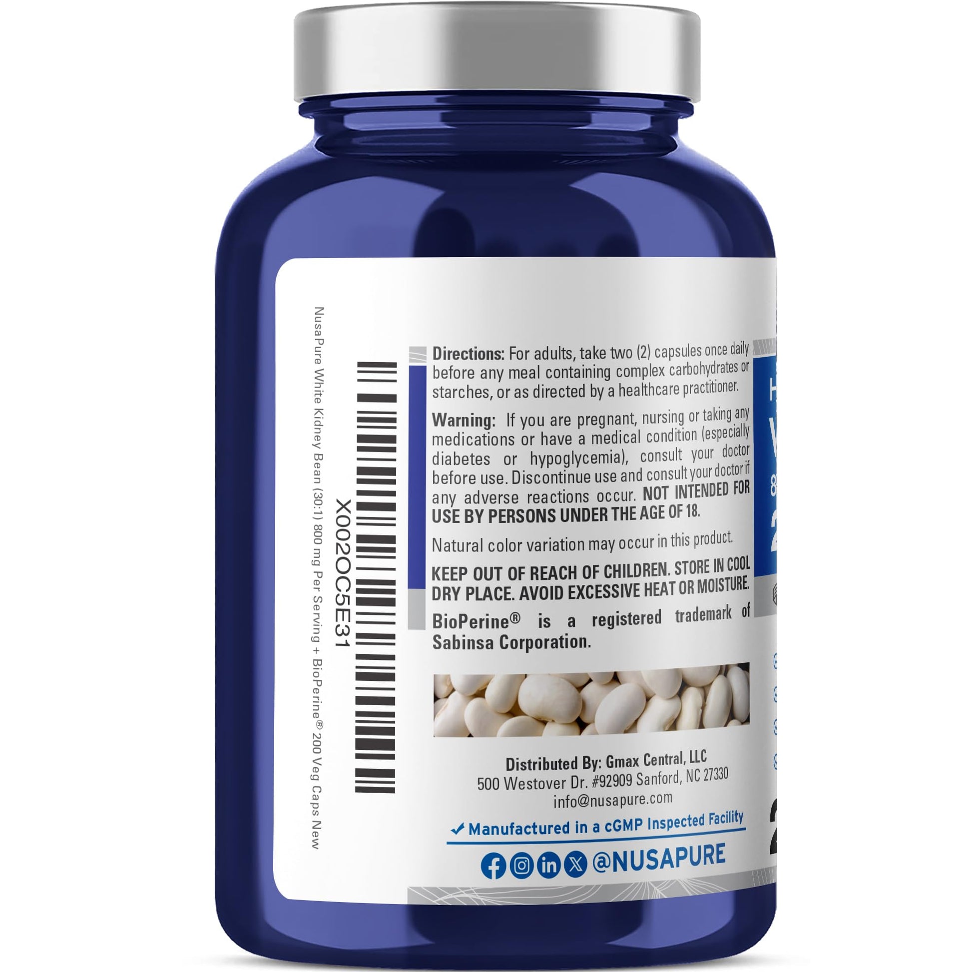 NusaPure White Kidney Beans 30:1 Extract, 800 mg Equivalent to 24,000 mg 200 Vegan Capsules - Bioperine - (Vegan, Non-GMO) NusaPureAu supplements