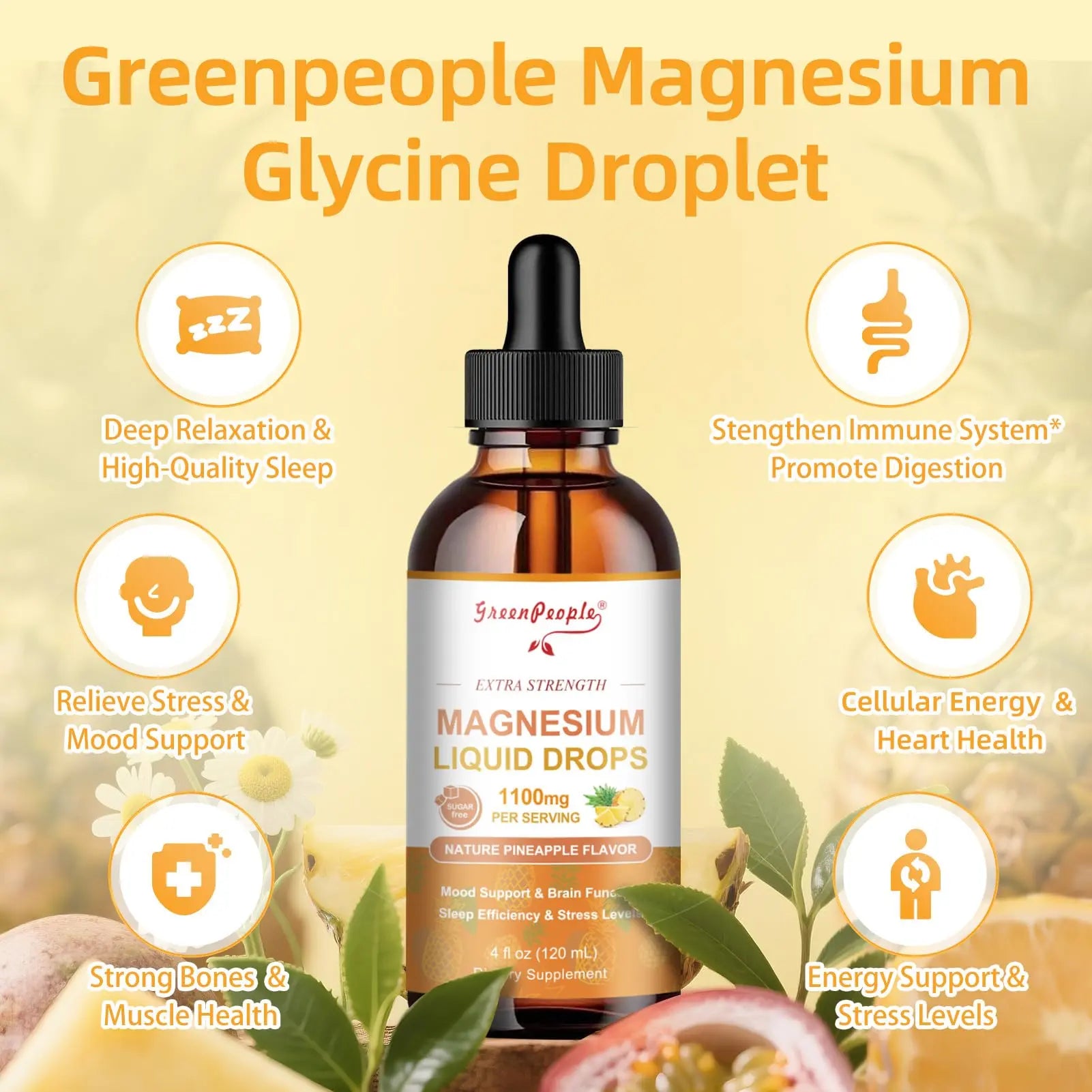 GREENPEOPLE 17-in-1 Triple Magnesium Complex Supplement,Magnesio Liquid Drops with Magnesium Glycinate & Citrate,Pineapple Flavor,Calm Mood,Muscle & Sleep for Adults,4 fl. oz 2Pack GREENPEOPLEnz supplements