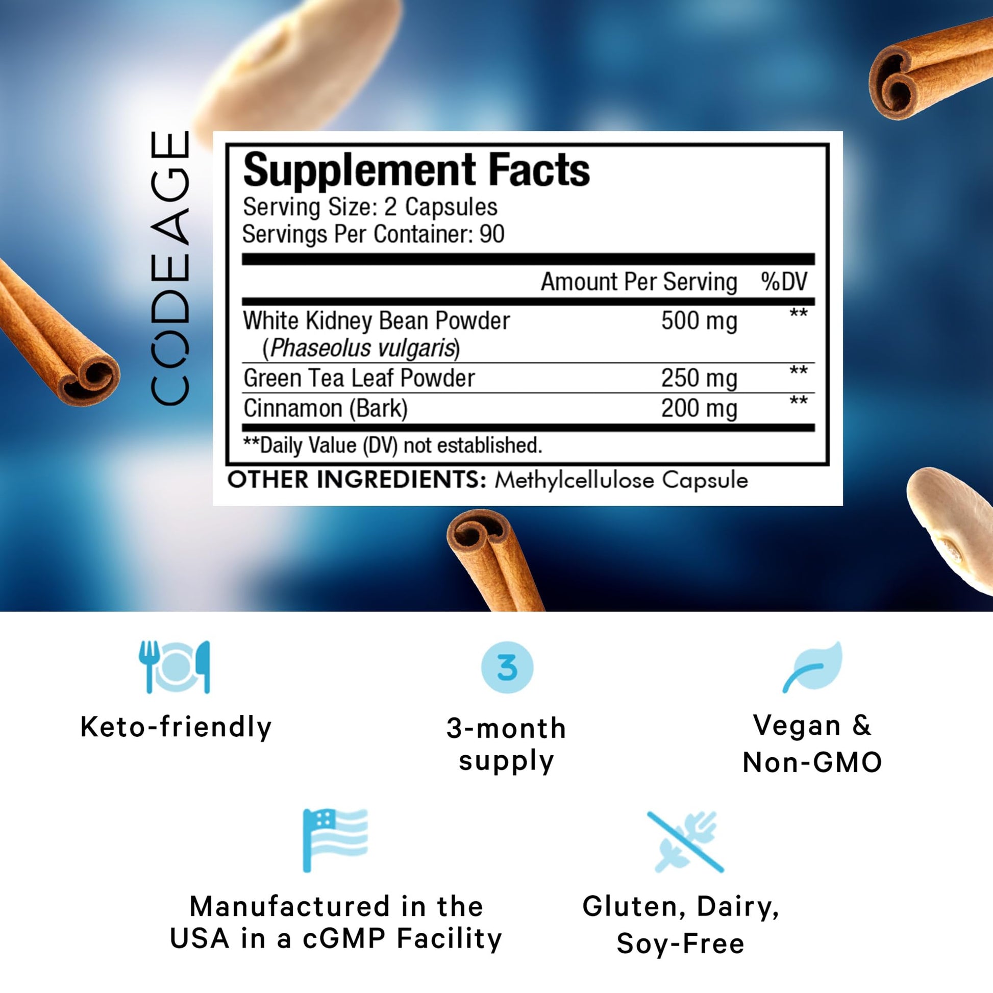 Codeage Keto Carb, White Kidney Bean, Green Tea & Cinnamon Bark Supplement, Triple Action Keto Cheat Vegan Pills, Ketogenic, Low Carb Diet Sugar, 3 Months Supply, Non-GMO, Gluten-Free, 180 Capsules CodeageAu supplements