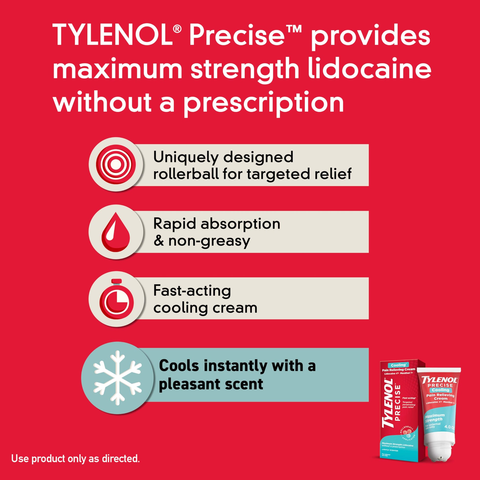 Tylenol Precise Cooling Cream, Strong Pain Relief with Fast-Acting Sensation, 4% Lidocaine, 1% Menthol, Maximum OTC Strength Relief for Back, Muscle & Joint, Numbing Cream Rollerball Applicator, 4 oz TylenolAu supplements