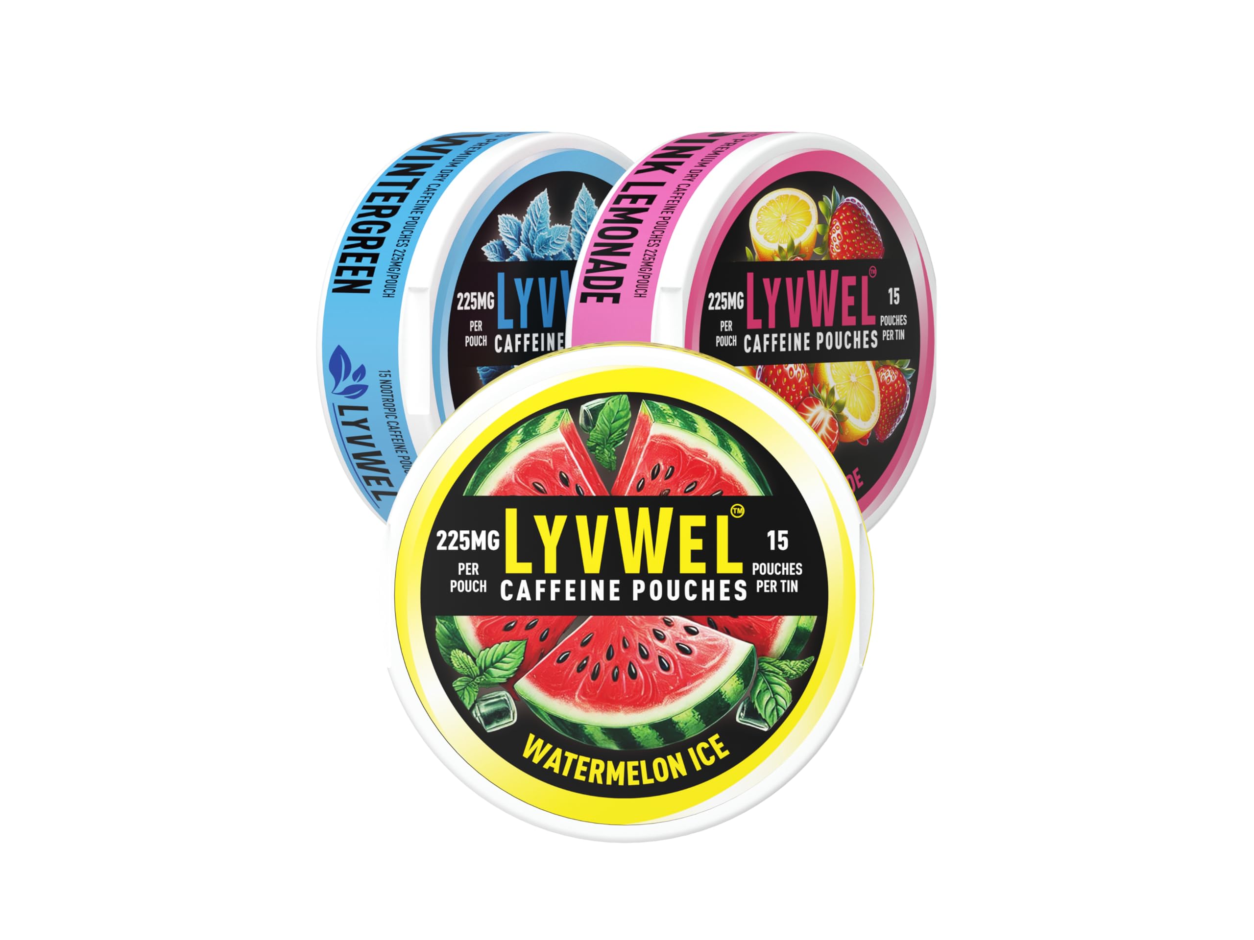 LyvWel 225mg Caffeine Energy Pouches | Nootropic Focus & Neuro Support | Tobacco-Free, Nicotine-Free, Quick Energy Solution | 3-Pack: 45 Pouches (3 Pack, Watermelon Ice, Pink Lemonade, Wintergreen) LyvWelAu supplements