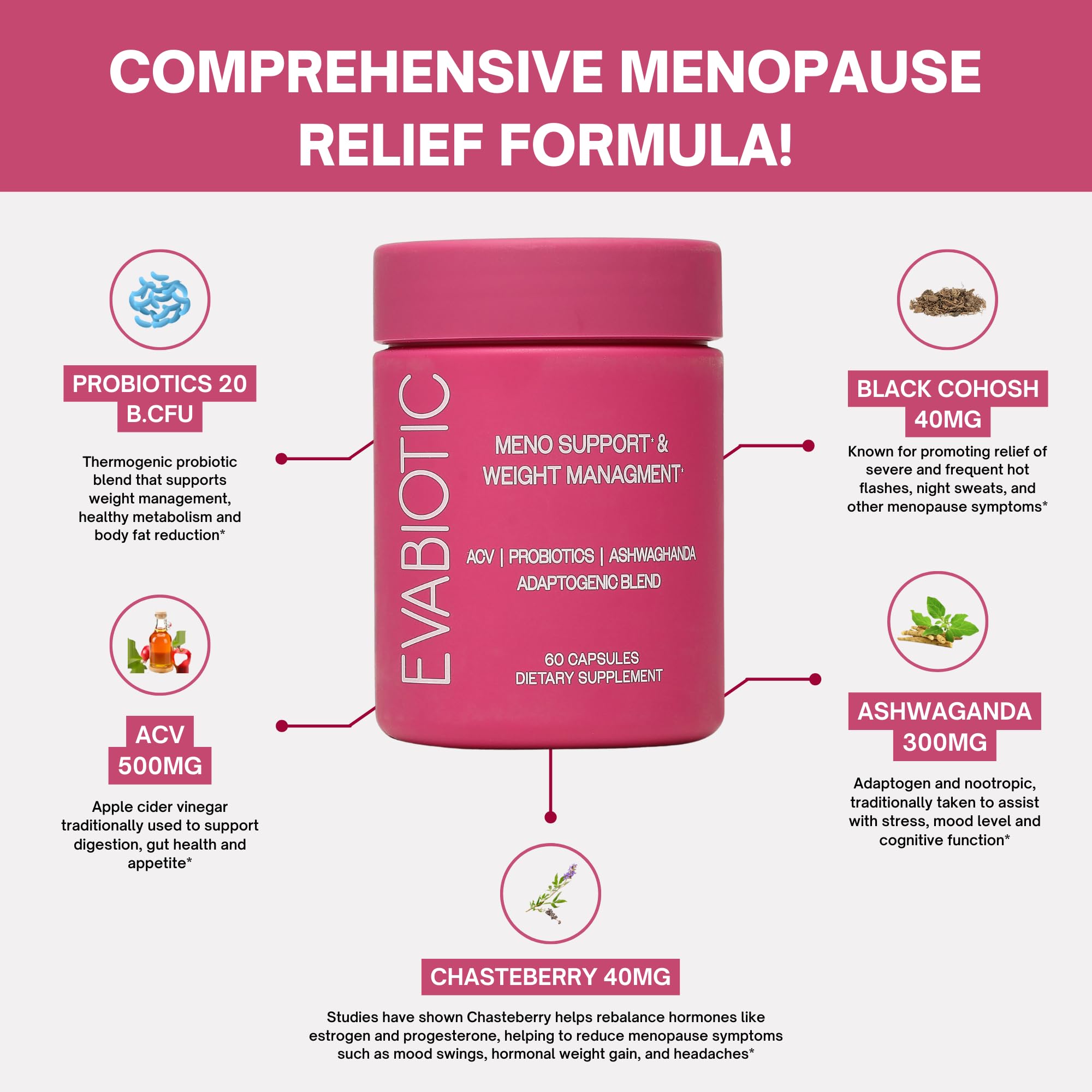 Complete Menopause Vitamins - Ashwaghanda, Probiotics, ACV for Weight Management, Hot Flashes, Night Sweats, Bloat, Hormone Balance - Vegan 60 Caps Menopause Supplements for Women Non-GMO EVABIOTICAu supplements