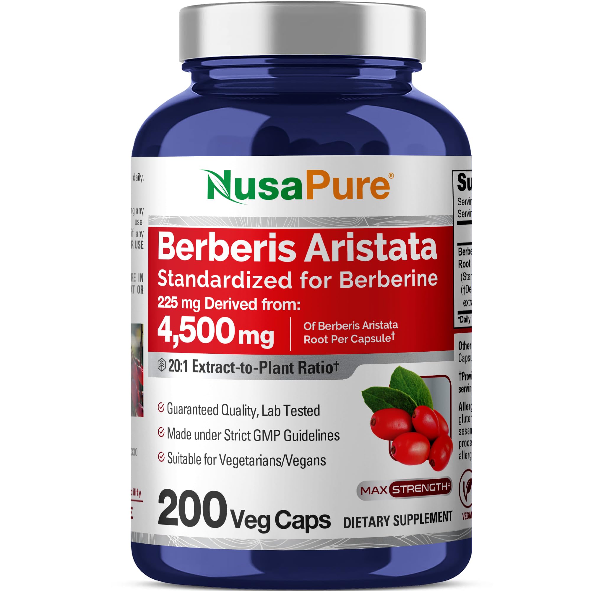 NusaPure Berberine HCI 20:1 Extract, 225 mg Equivalent to 4,500mg - 200 Veggie Caps - (Vegetarian, Non-GMO, Vegan) NusaPureAu supplements