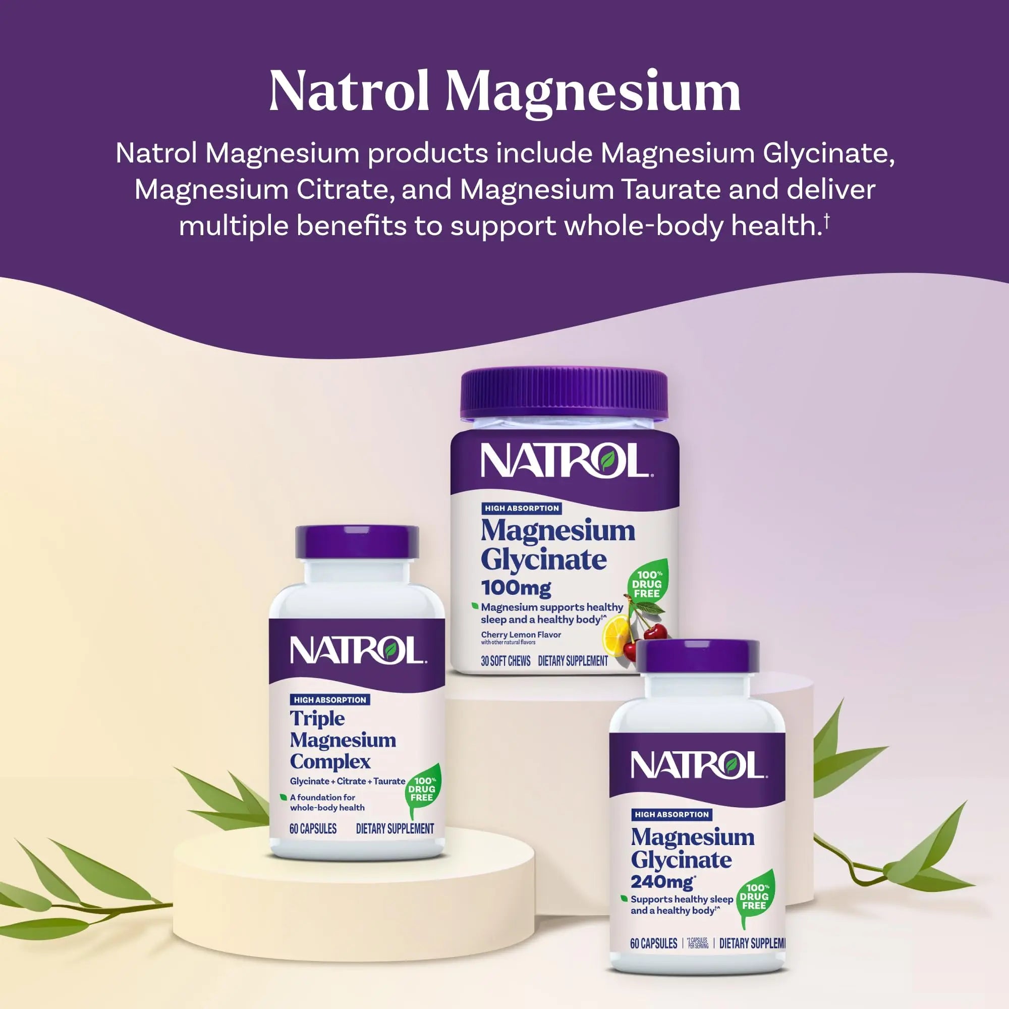 Natrol Triple Magnesium Complex Supplement, Glycinate, Citrate & Taurate 200mg High Absorption, Support Whole Body Wellness, 60 Capsules Natrolnz supplements