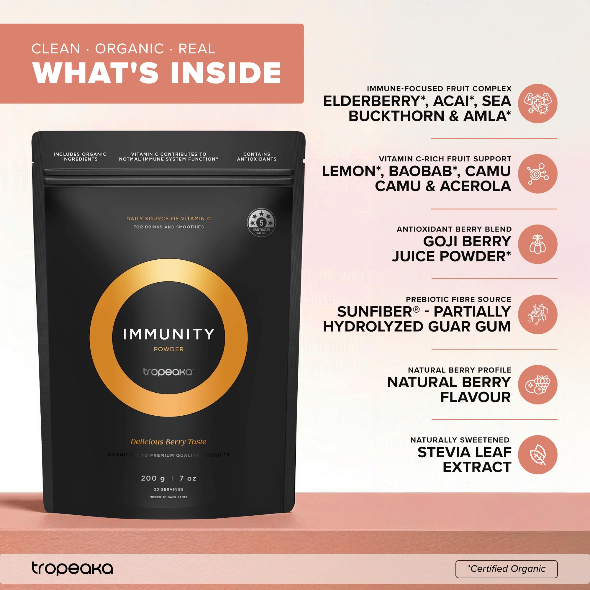Tropeaka Immunity Powder - Immune Support Supplement, Antioxidant Rich Superfood Powder with Vitamins & Minerals, Boost Energy & Collagen Production - Vegan, Gluten Free, Non-GMO - 7oz (20 Servings) TropeakaAu supplements