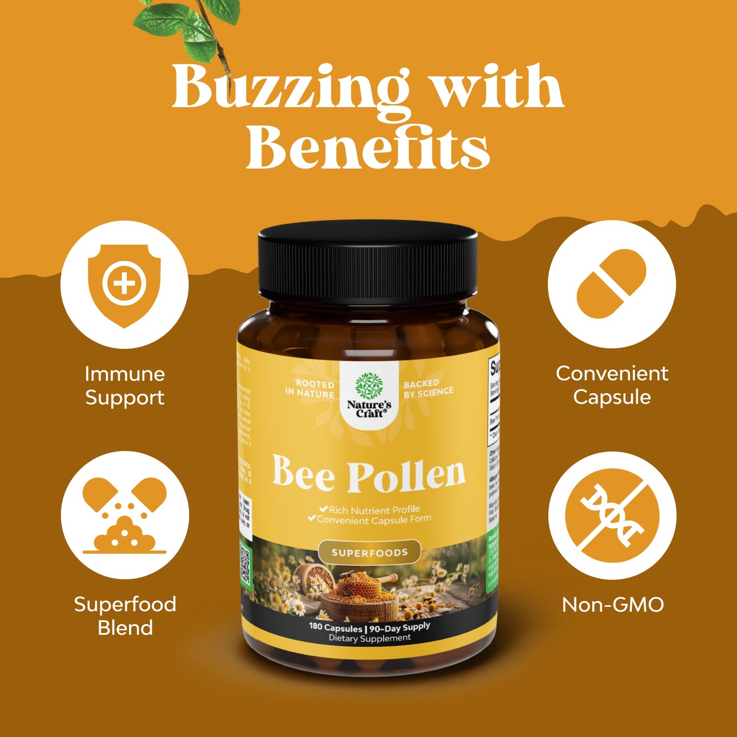 Bee Pollen Pills for Breast Growth 180 Ct - Bee Pollen Supplement 1000mg Serving with Naturally Occurring B Vitamins Minerals & Enzymes - Breast Support Supplement - Vegetarian Non-GMO & Gluten Free Natures CraftAu supplements