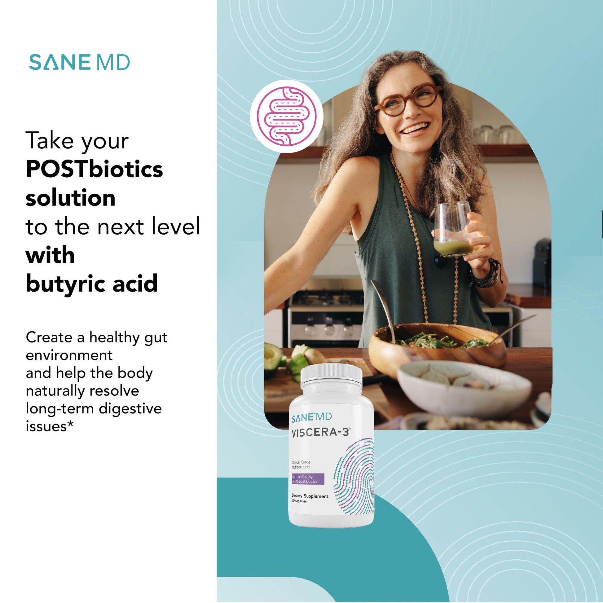 SANE MD - Viscera 3 Postbiotics with Tributyrin - Sodium Butyrate Supplement for Gas and Bloating Relief - Gut Health - IBS & Leaky Gut Butyric Acid Supplement - NSF Certified - 30 Capsules SANEAu supplements