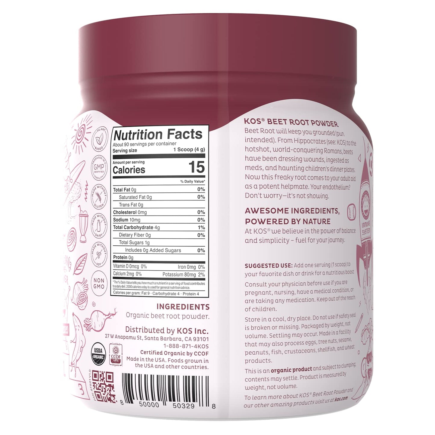 KOS Organic Beet Root Powder - USDA Certified, Nitric Oxide Booster, Non-GMO, Gluten KOSUS supplements